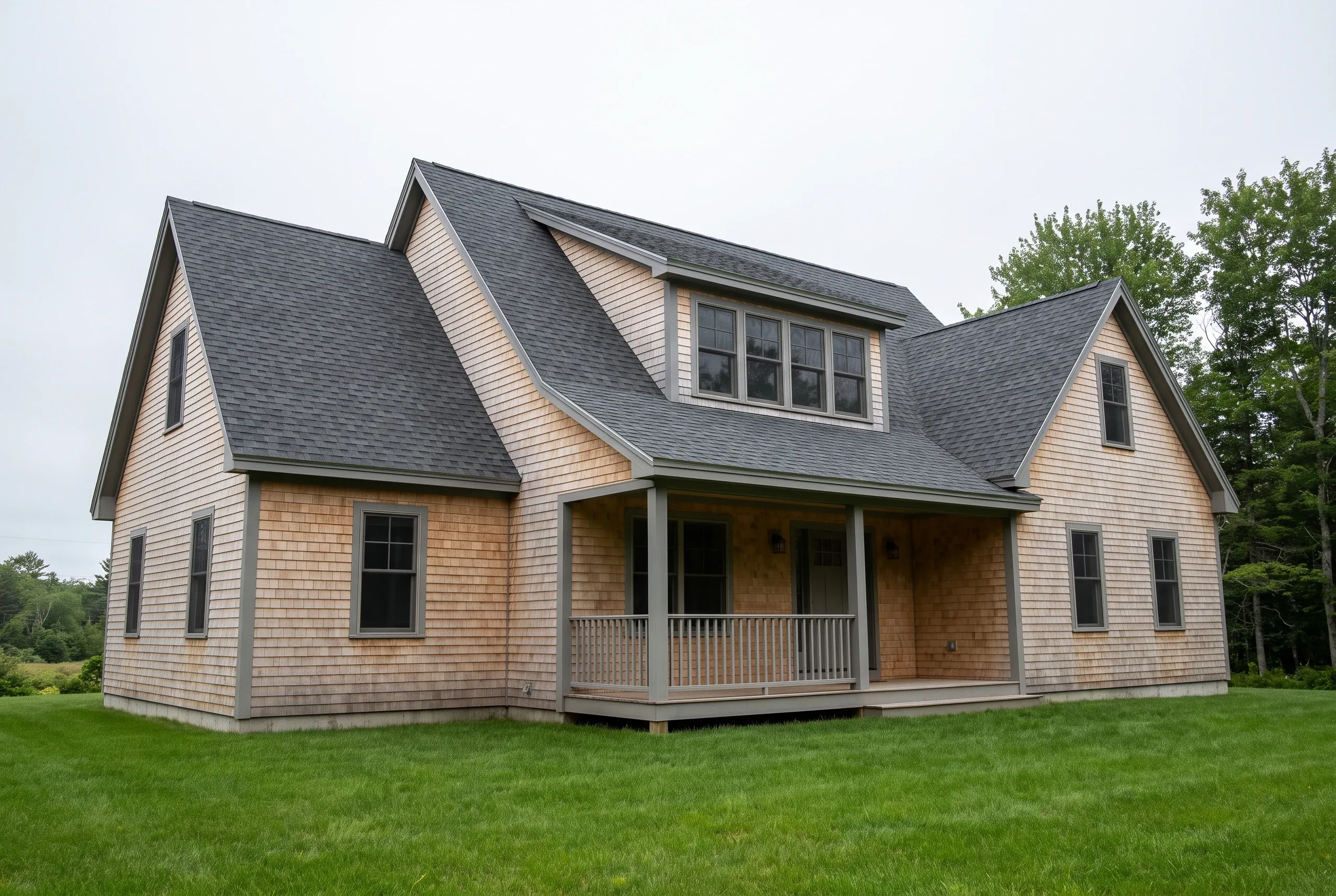 Roofing contractor in Rockport, ME: cedar-shingled cape with gray asphalt shingle roof, two front dormers and a covered front porch.