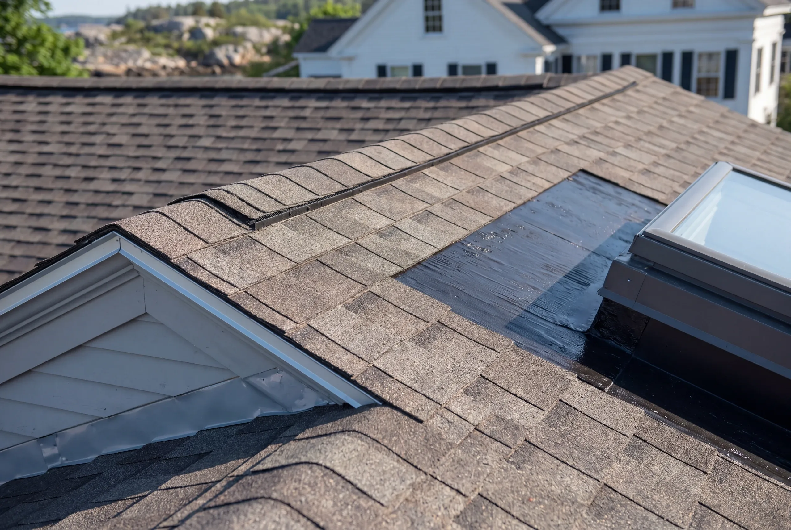 Residential roofing contractor Rockport Maine: close view of a skylight with exposed black membrane beside it on a shingle roof