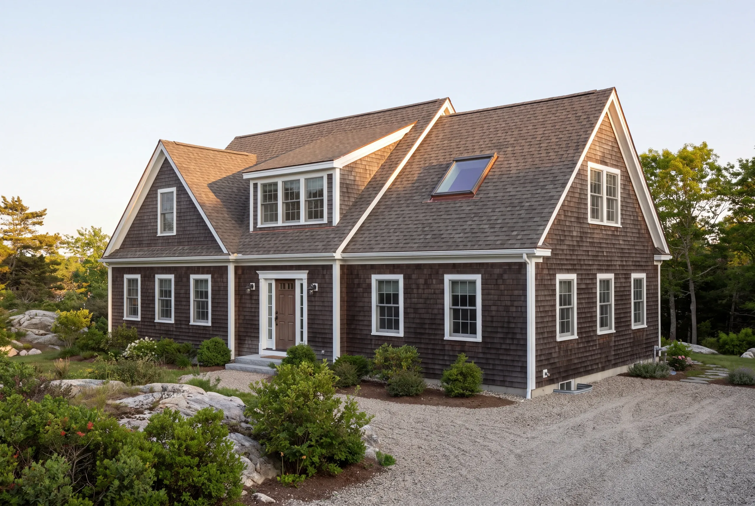 Roof replacement contractor Rockport Maine: dark cedar-shingle-sided cape with dormers and a roof skylight on a ledge lot