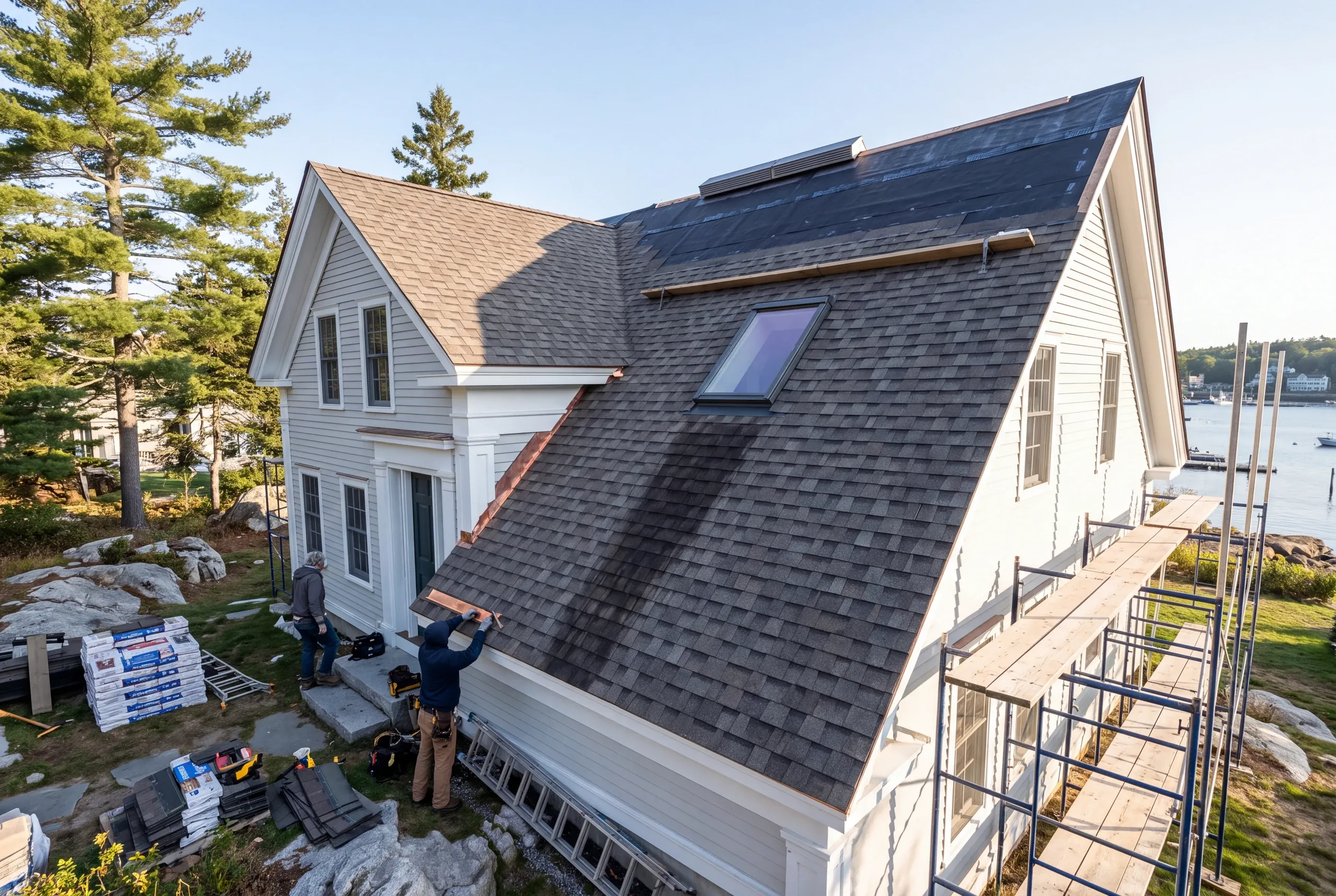 Roofing contractor Rockport Maine: white cape mid-reroof with skylight, scaffolding and two roofers at the eave by a harbor