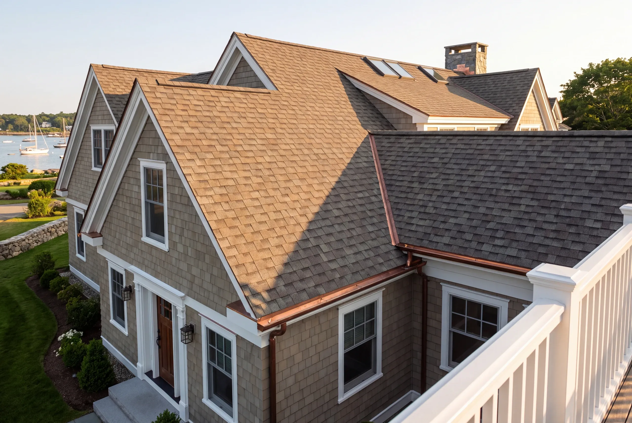 Residential roofing contractor Rockport Maine: cedar shingle-sided cape with arch shingle roof, two skylights and copper gutters over a harbor