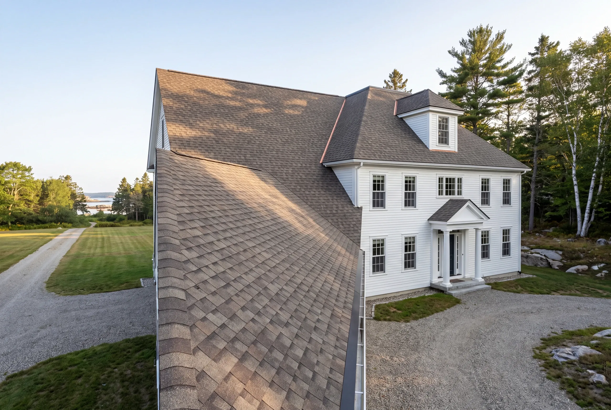Roof replacement contractor Rockport Maine: long brown architectural shingle roof plane in front of a white clapboard colonial with a hip roof
