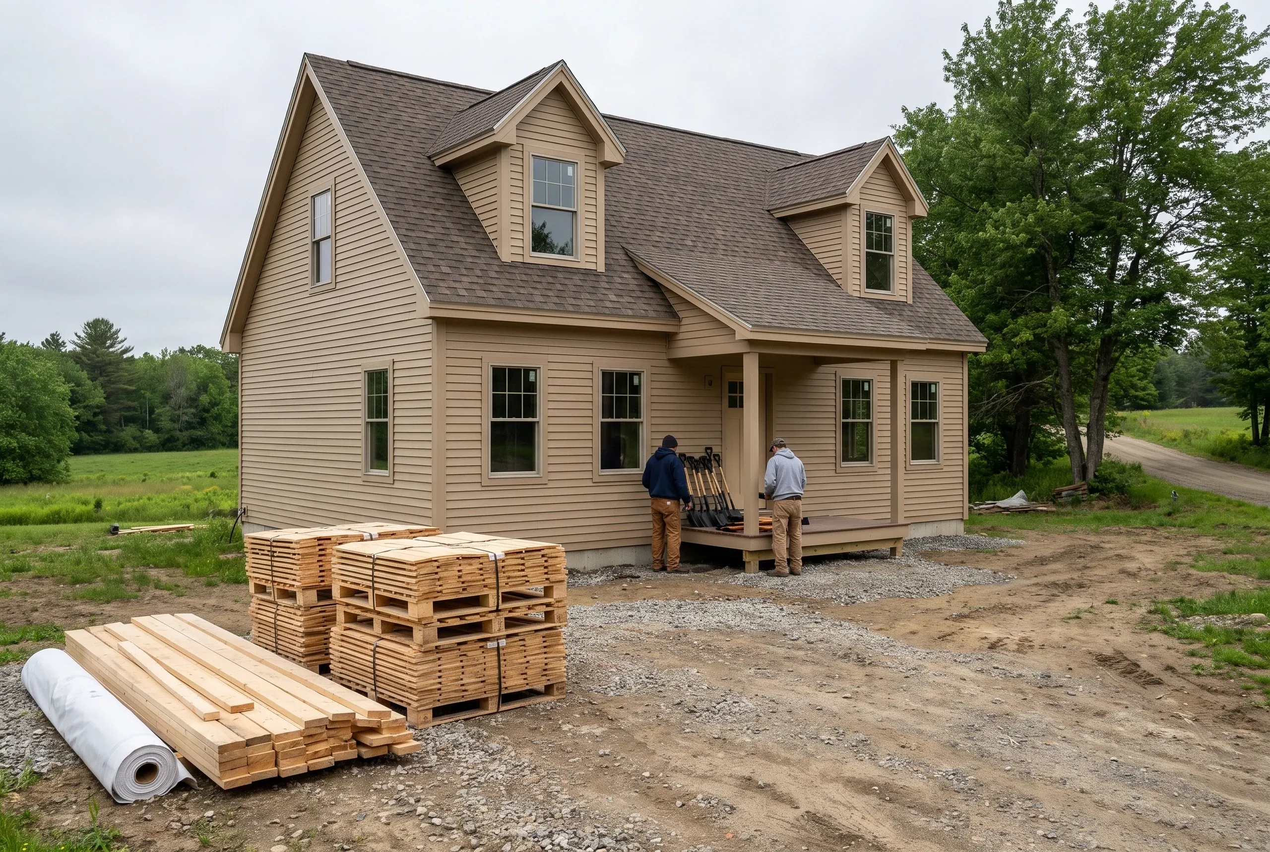 Roofing contractor in Searsmont, ME: new cape with tan lap siding, brown architectural shingles, two gable dormers and lumber out front