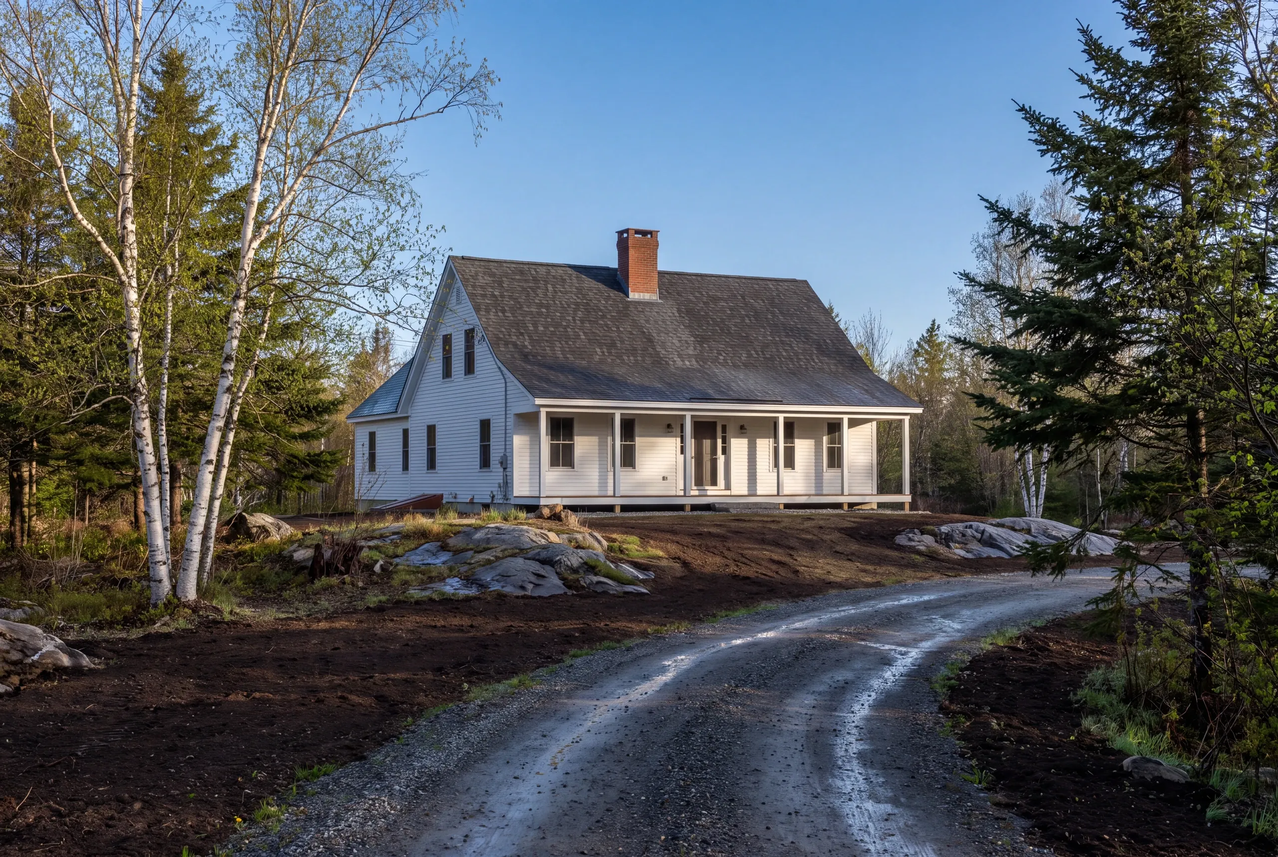 Roof replacement contractor Searsmont Maine: white cape farmhouse with a farmer's porch, dark gray shingle roof and brick chimney, gravel drive