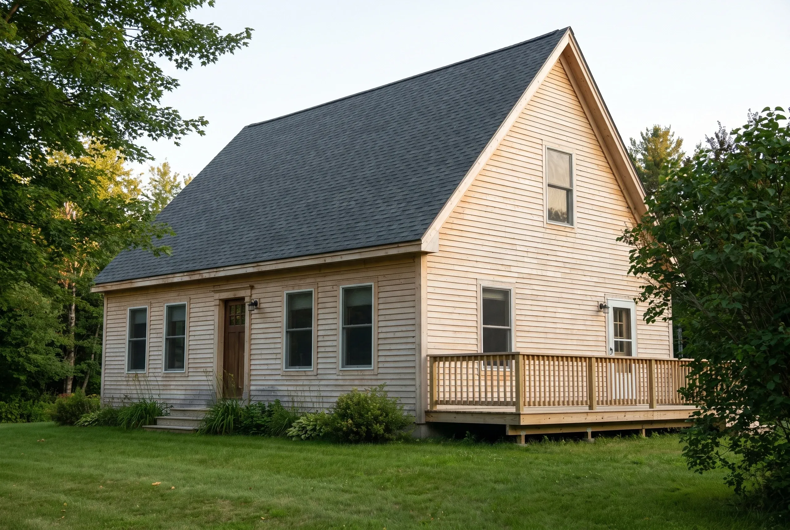 Roofing contractor Searsmont Maine: cape with a charcoal architectural shingle roof over natural clapboards and a side deck
