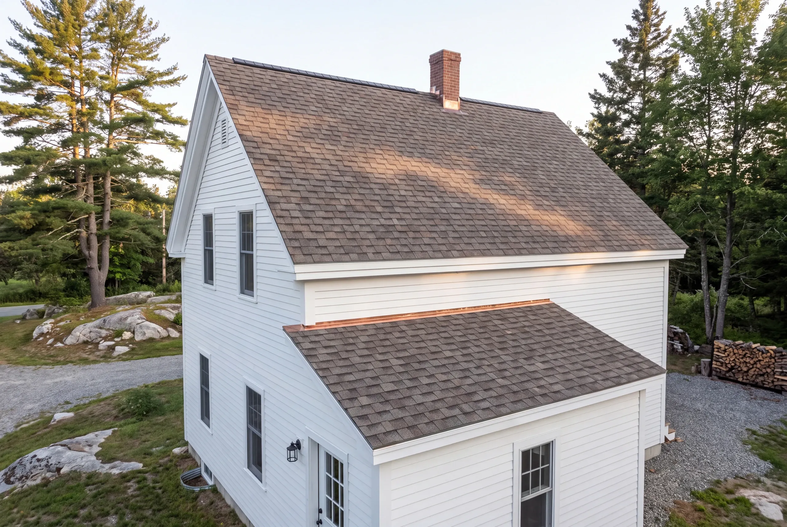 Residential roofing contractor Searsmont Maine: white clapboard farmhouse with brown arch shingles, copper flashing and a brick chimney