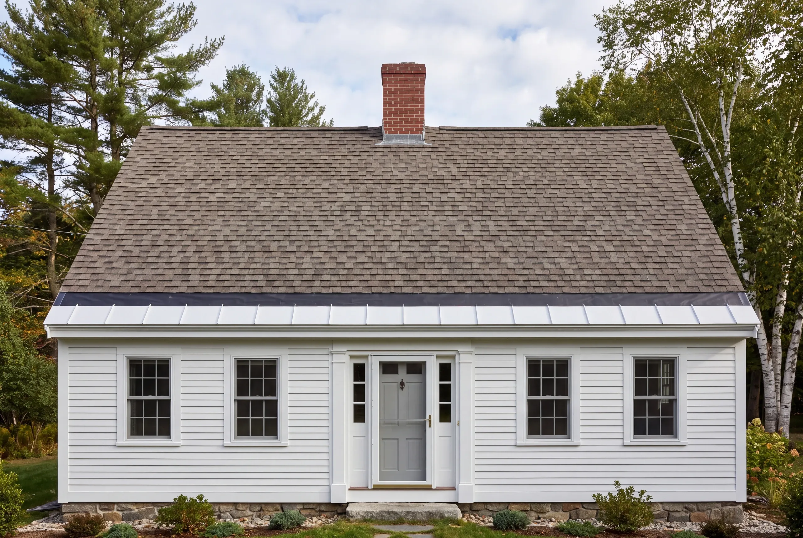 Roofing contractor in Thomaston, ME: white clapboard cape with architectural shingles, brick chimney and a white standing seam metal eave band