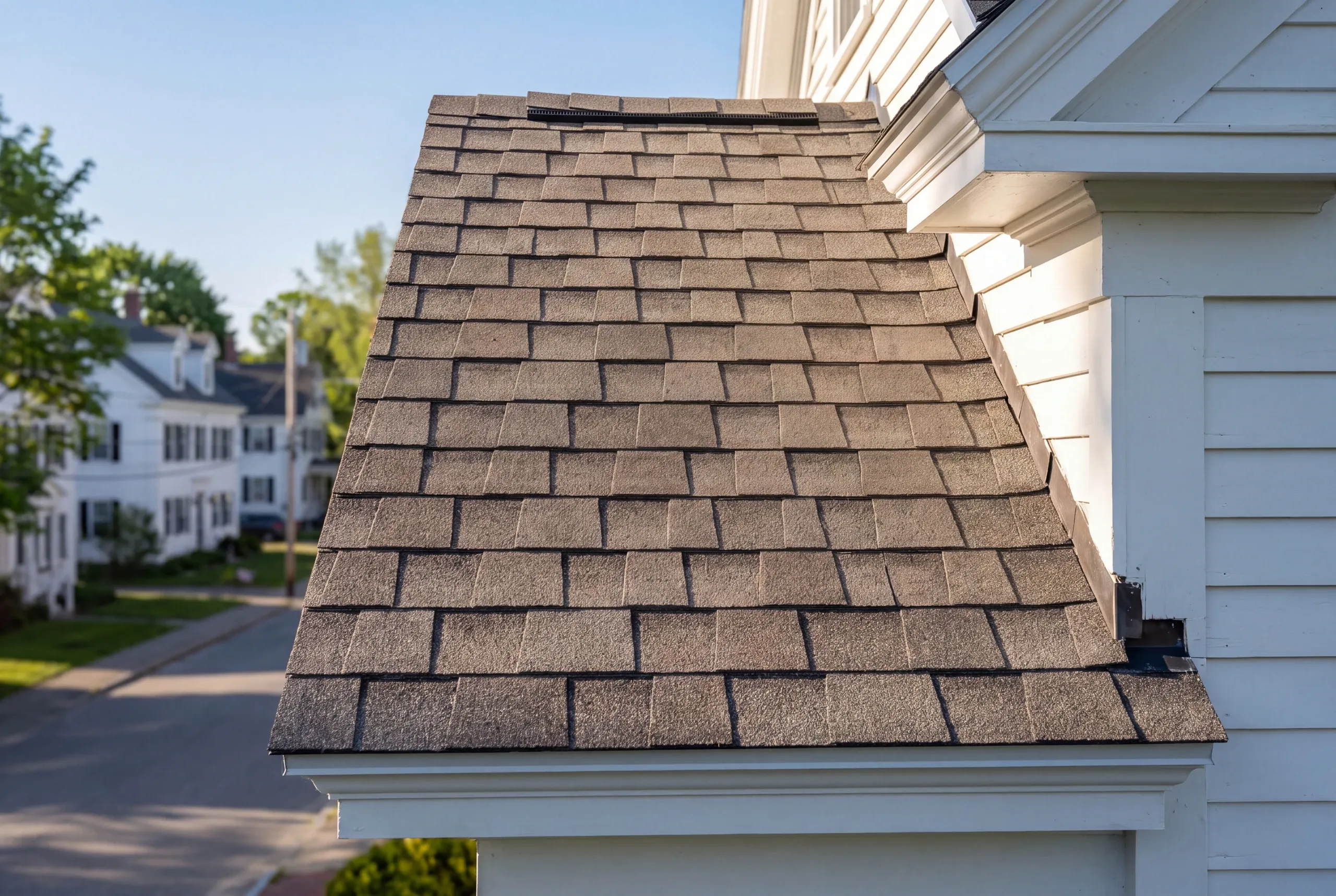 Residential roofing contractor Thomaston Maine: small architectural shingle roof section with step flashing and a ridge vent by a cornice