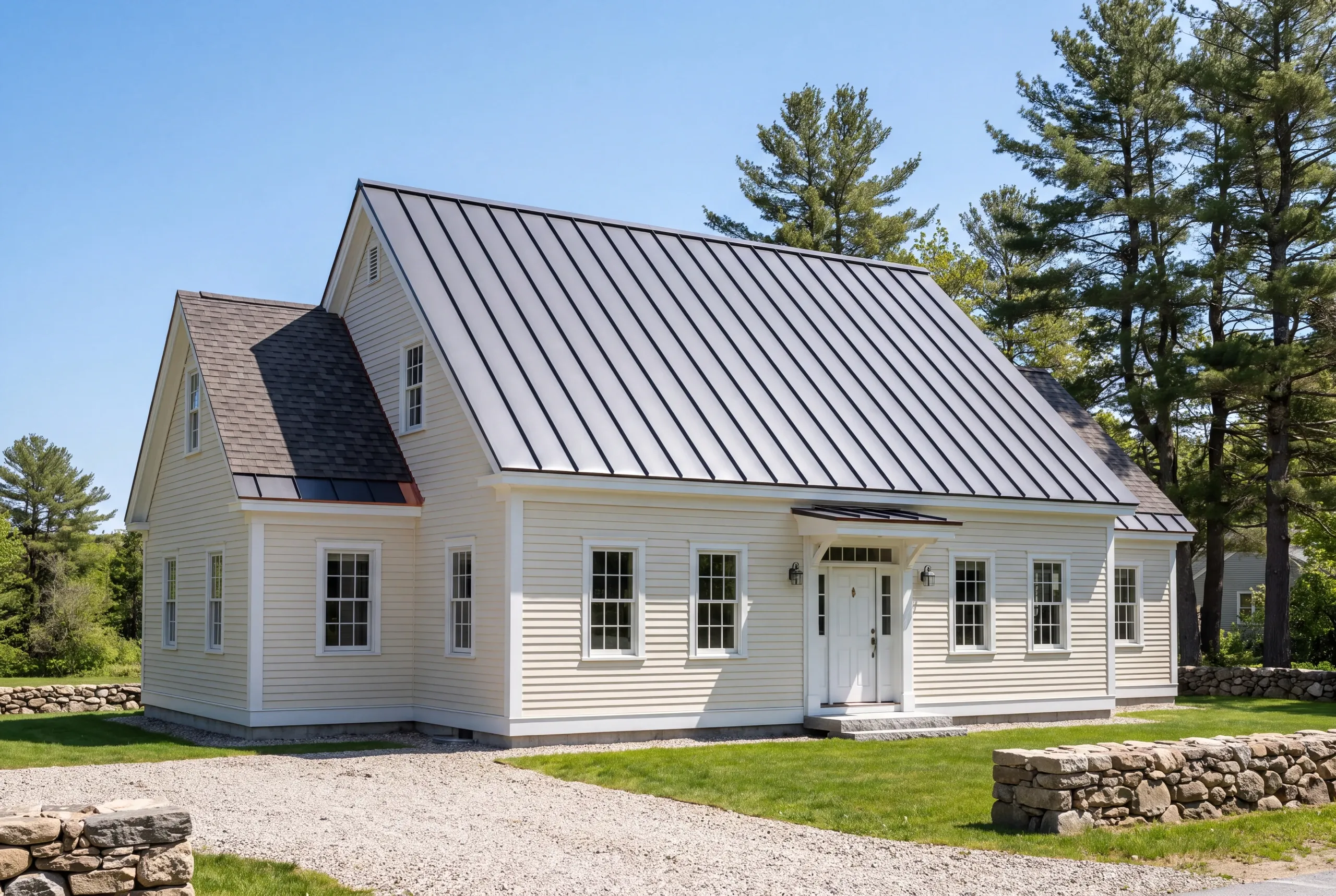 Roof replacement contractor Thomaston Maine: cream clapboard cape with a gray standing seam roof and shingled side wing
