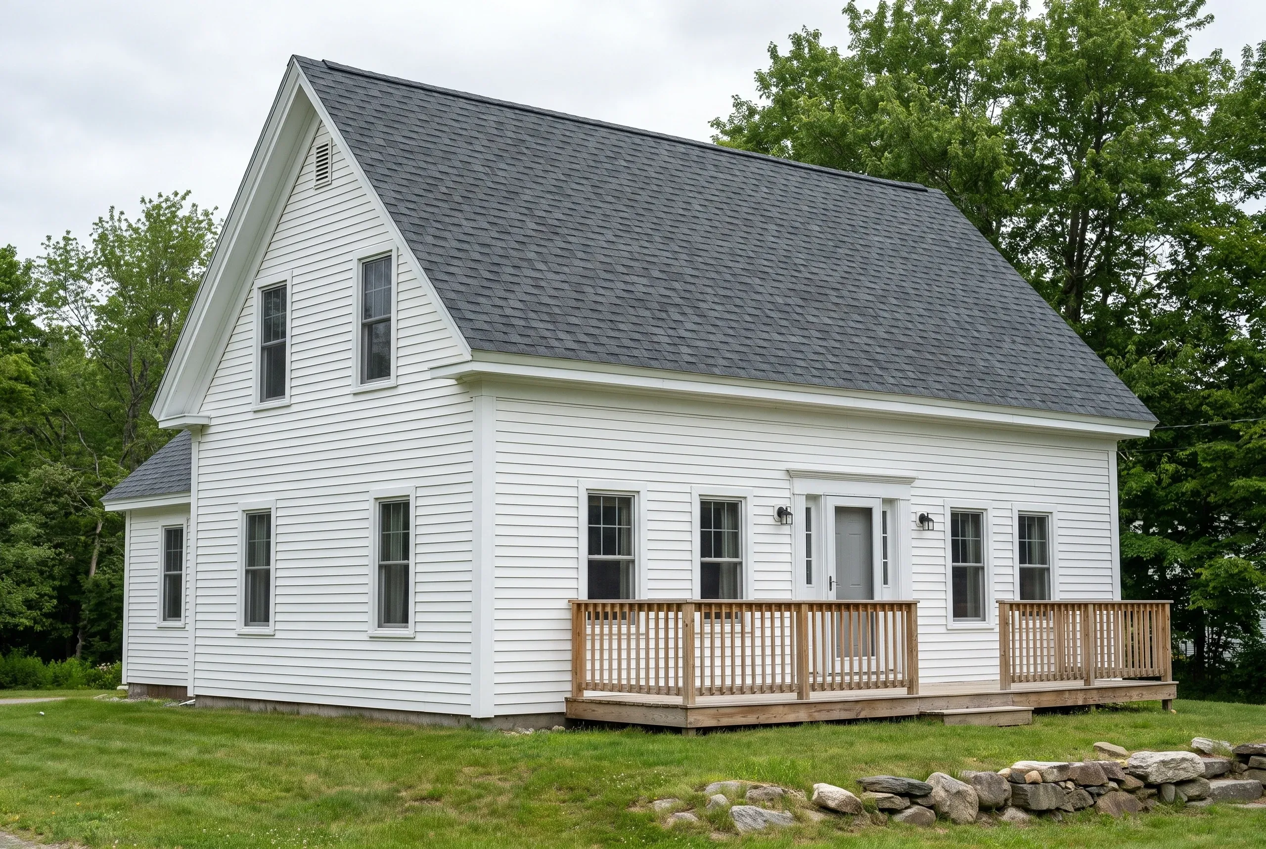 Roofing contractor Thomaston Maine: white farmhouse with a gray architectural shingle roof, a lower side ell and a front deck