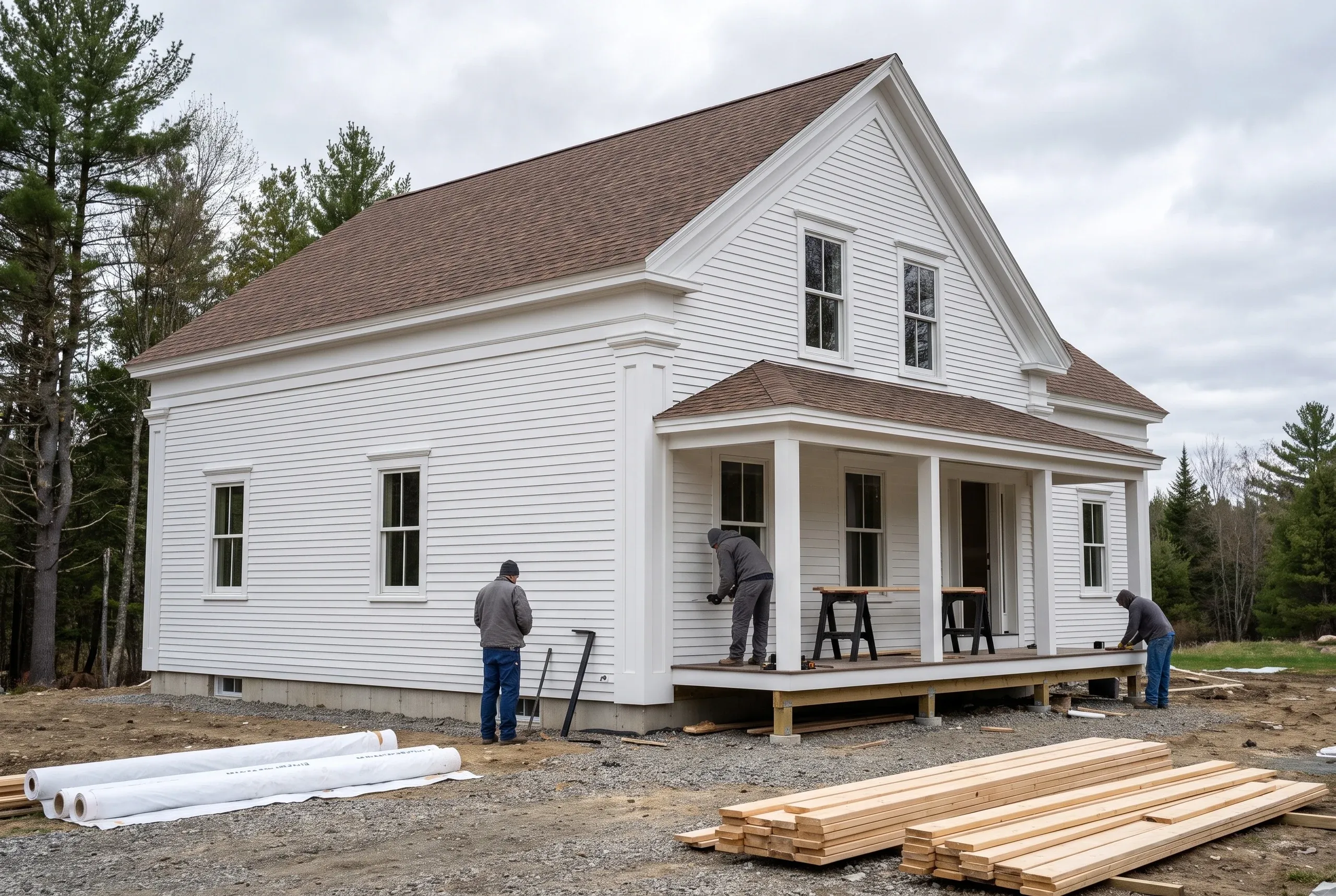 Residential roofing contractor Thomaston Maine: white clapboard Greek Revival with corner pilasters, brown arch shingle roof and a porch under construction