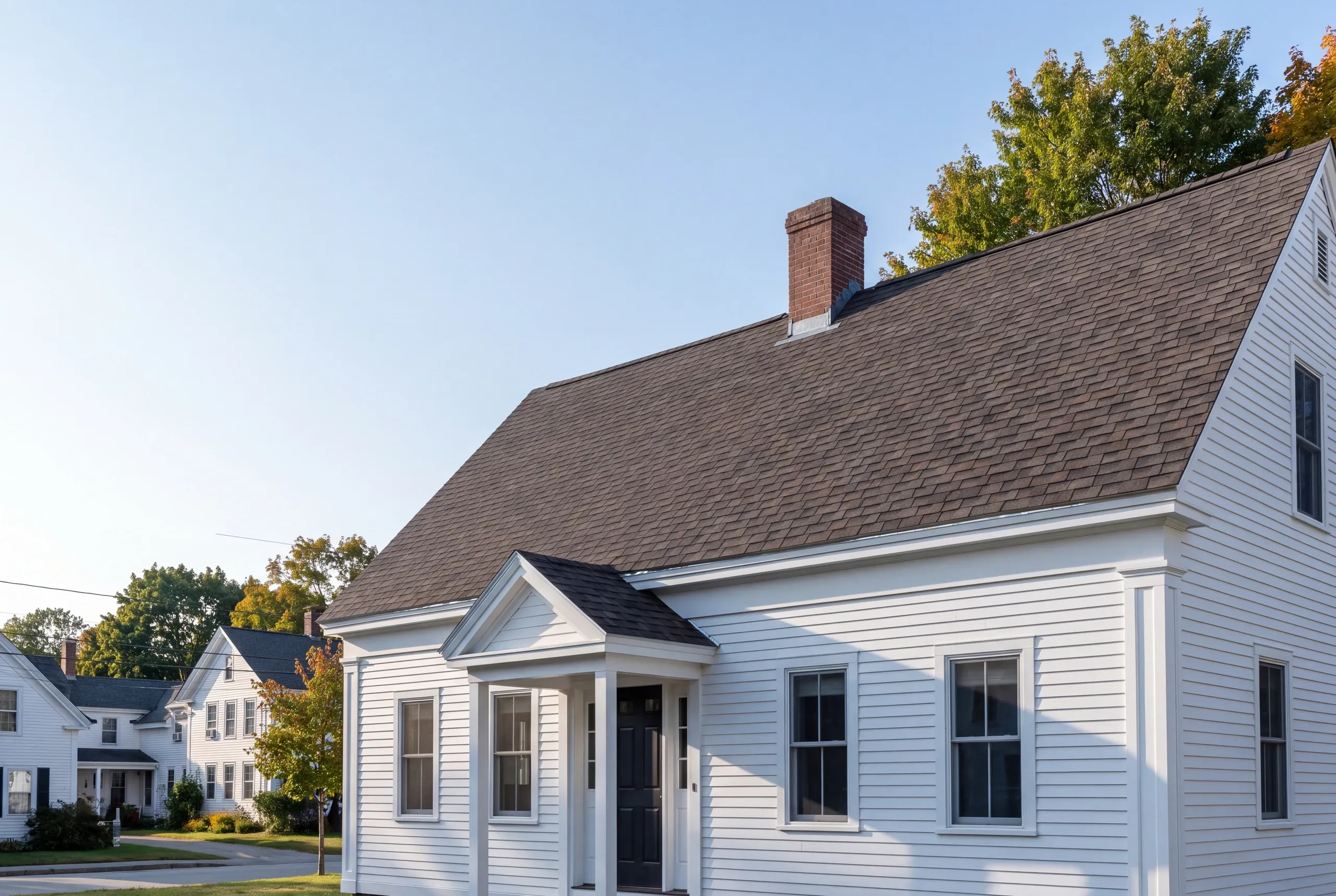 Roof replacement contractor Thomaston Maine: white clapboard village cape with a gabled entry portico, brown arch shingles and brick chimney