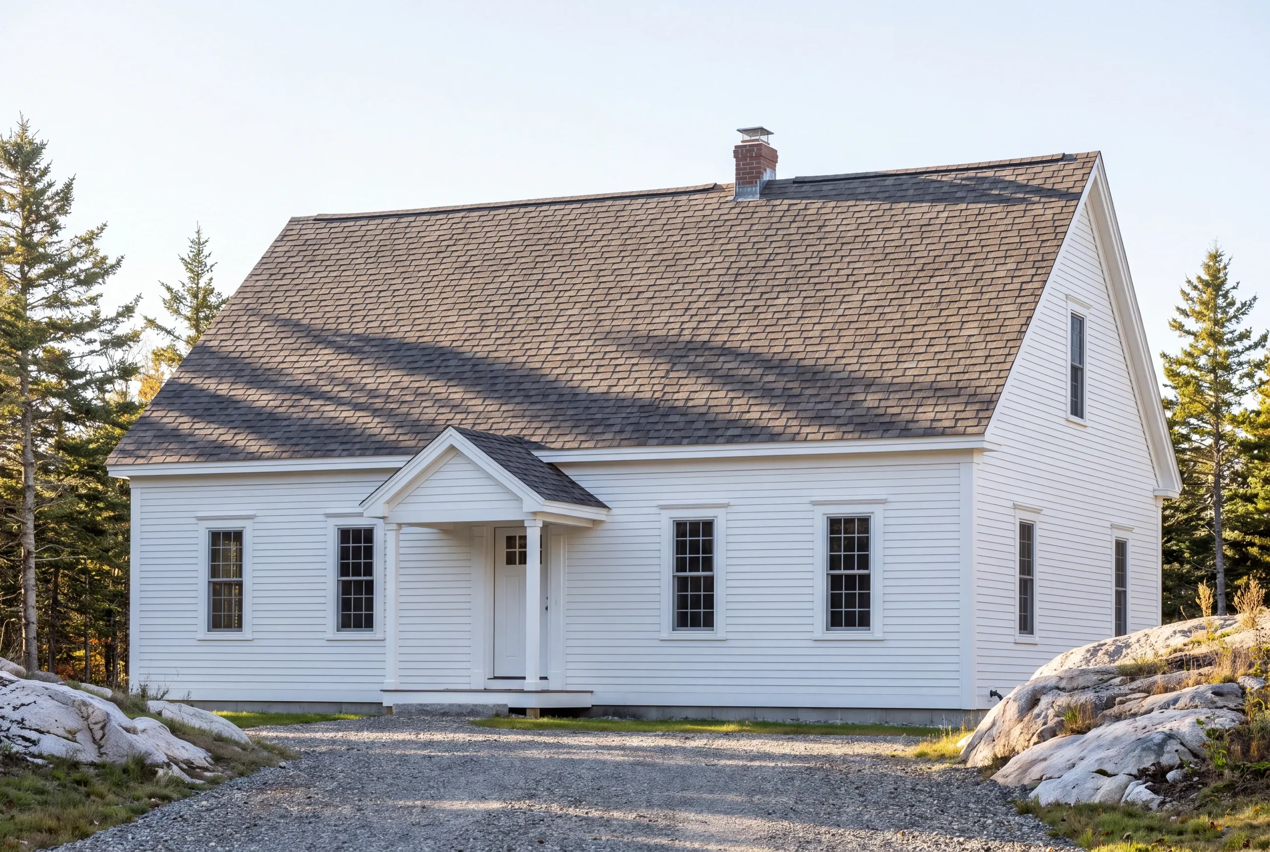 Roofing contractor in Waldoboro, ME: white clapboard cape with brown architectural shingles, brick chimney and portico among granite ledge