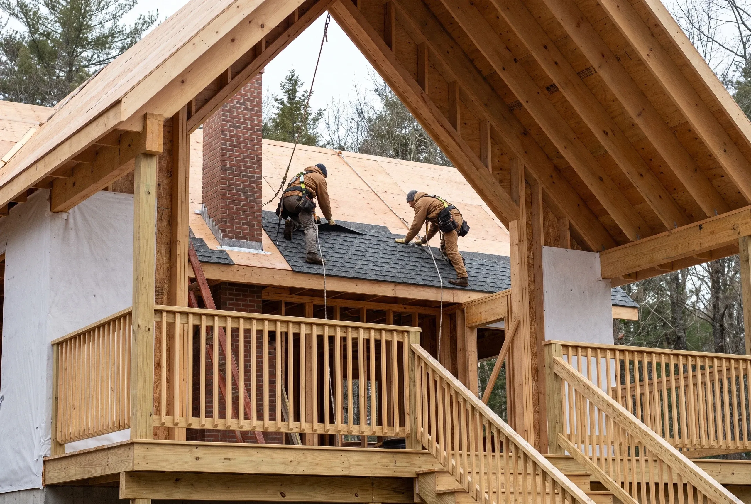Roofing contractor Waldoboro Maine: two harnessed roofers laying arch shingles over plywood deck beside a brick chimney, framed by a timber gable