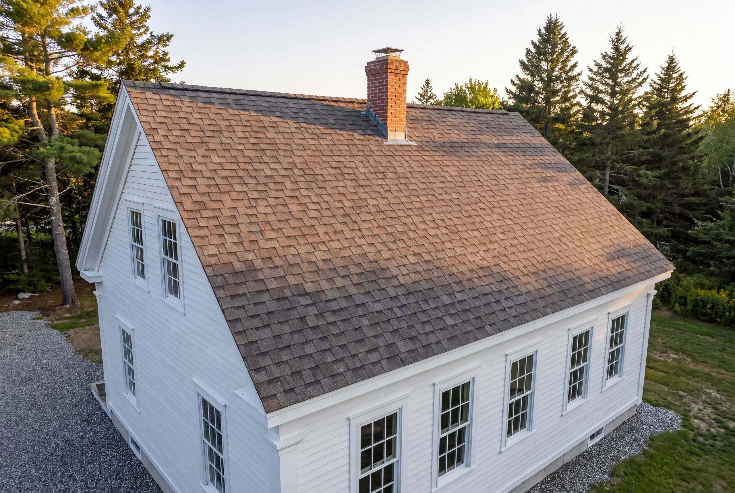 Residential roofing contractor Waldoboro Maine: white clapboard house with warm brown arch shingles, ridge vent and a capped brick chimney