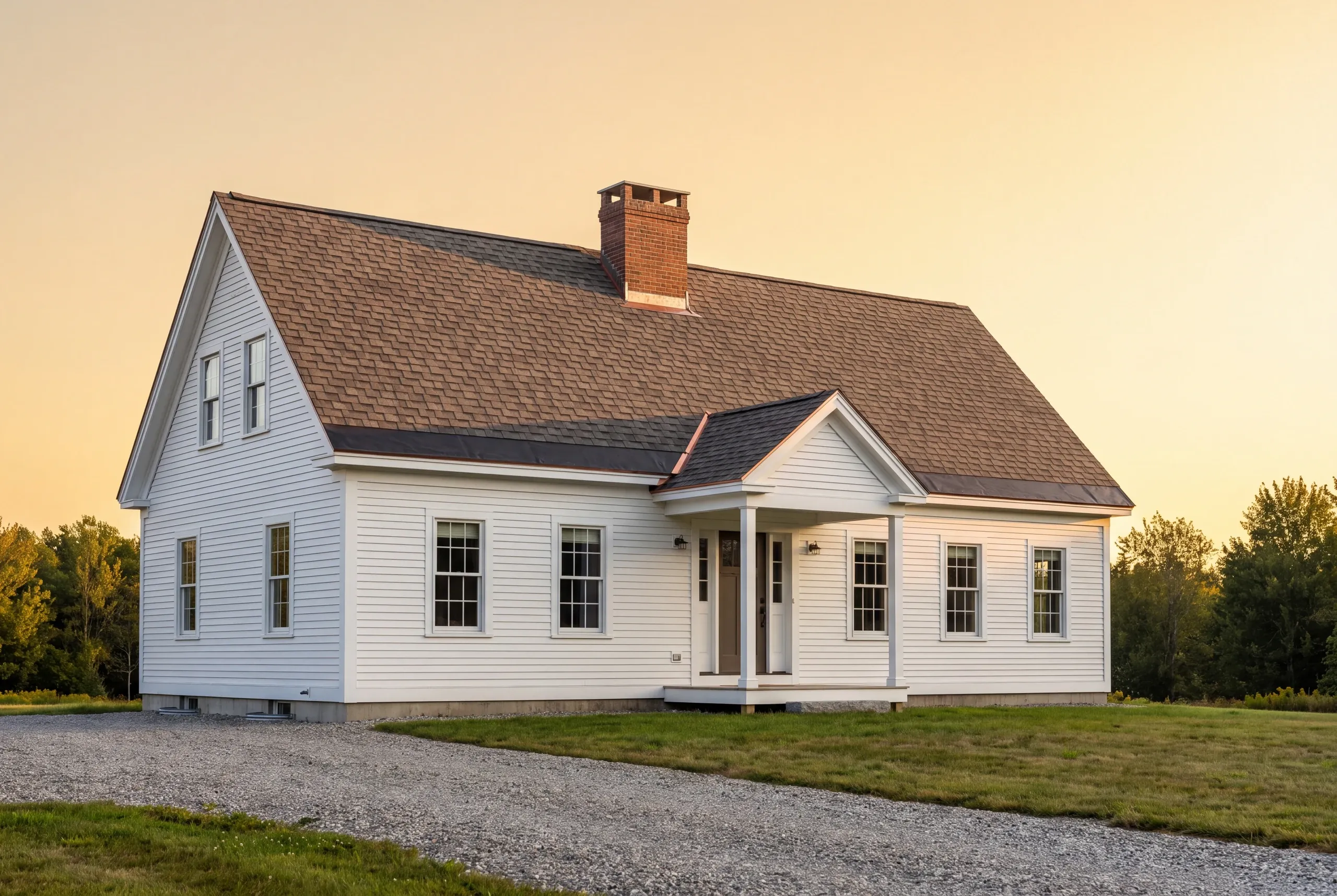 Roof replacement contractor Waldoboro Maine: white clapboard cape with brown arch shingles, brick chimney and dark metal eave band at sunset
