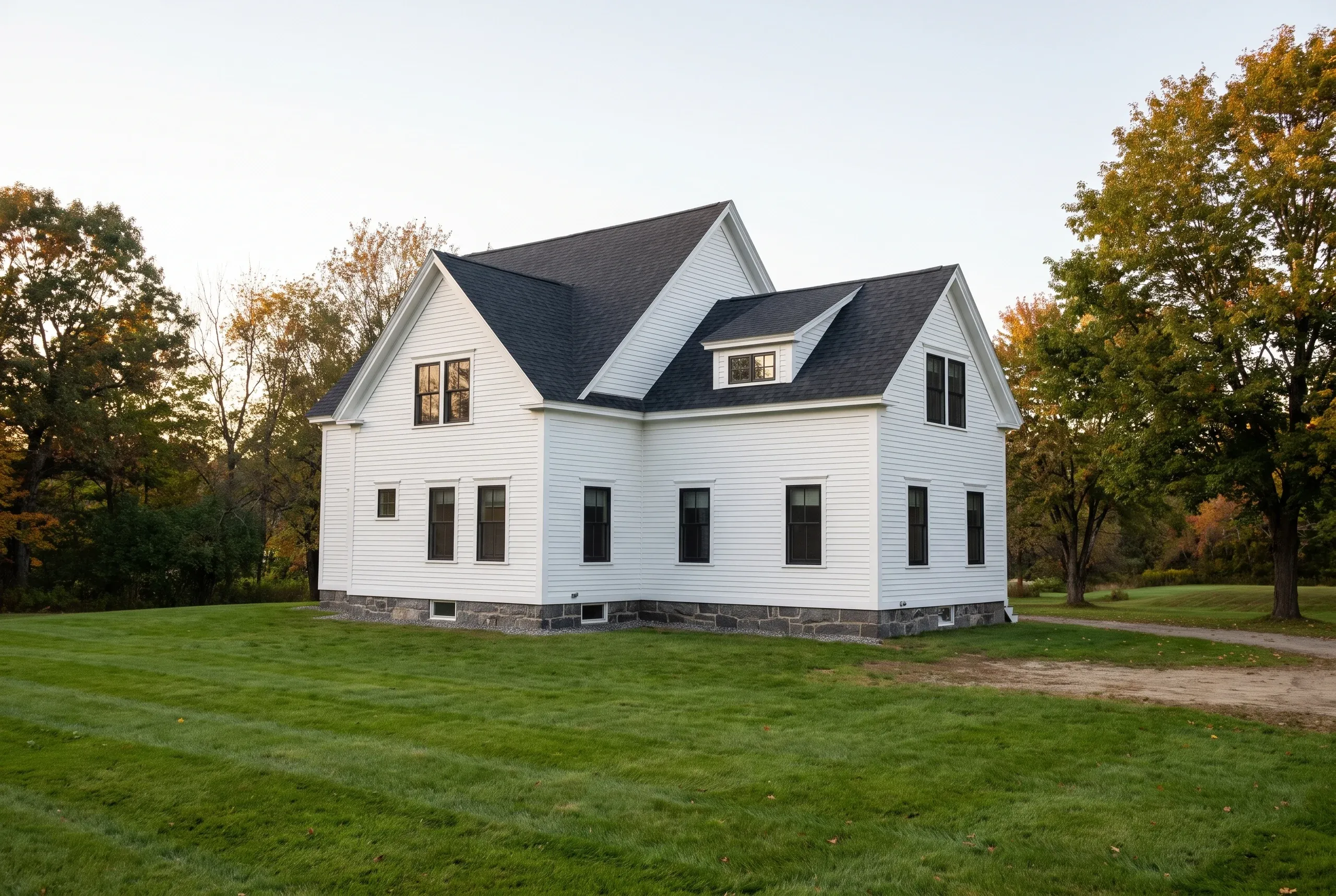 Roofing contractor in Warren, ME: white clapboard farmhouse with dark asphalt shingle roof, front gable dormer and stone foundation