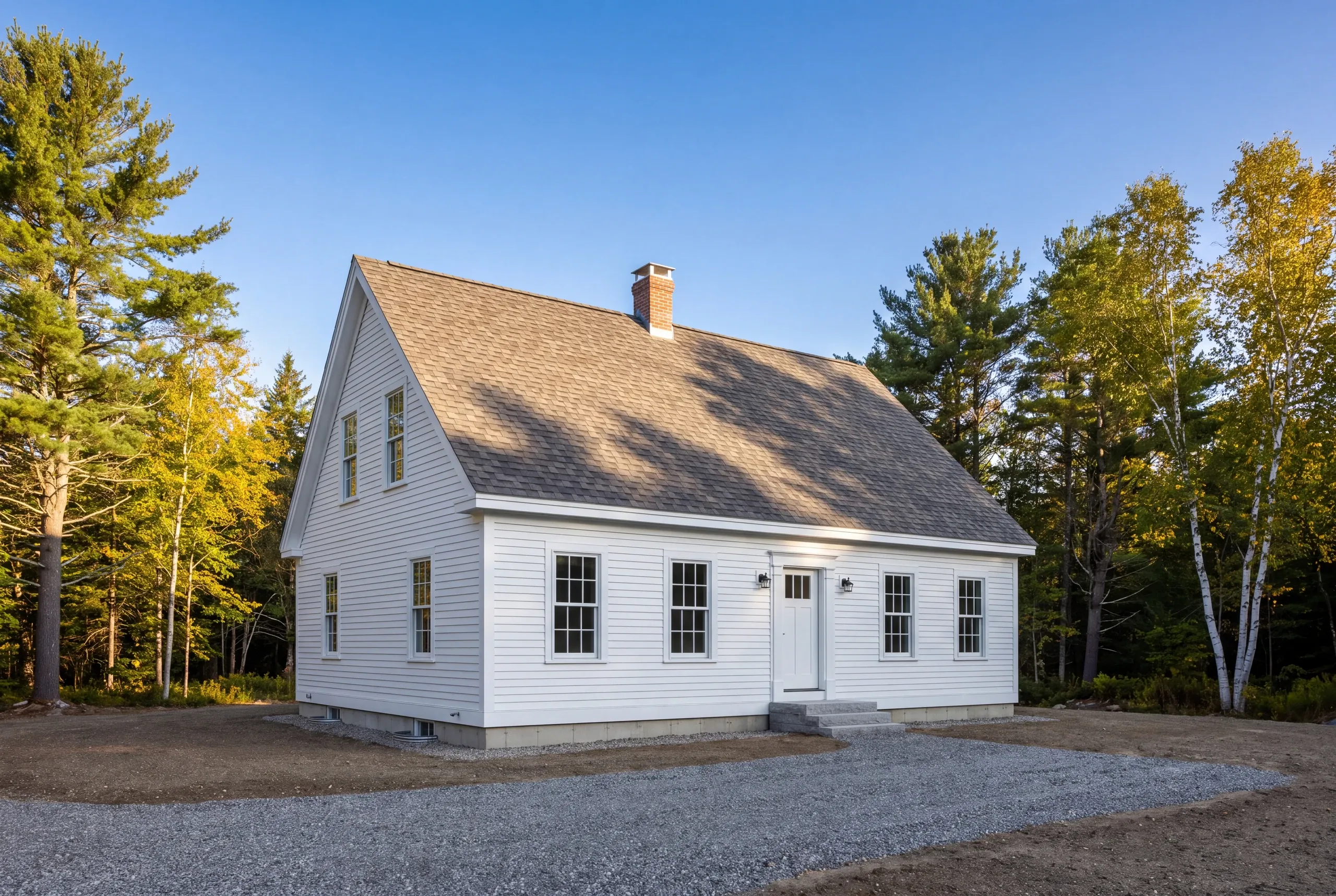 Roof replacement contractor Warren Maine: white clapboard cape with gray-brown arch shingles, granite steps and a new gravel drive in woods