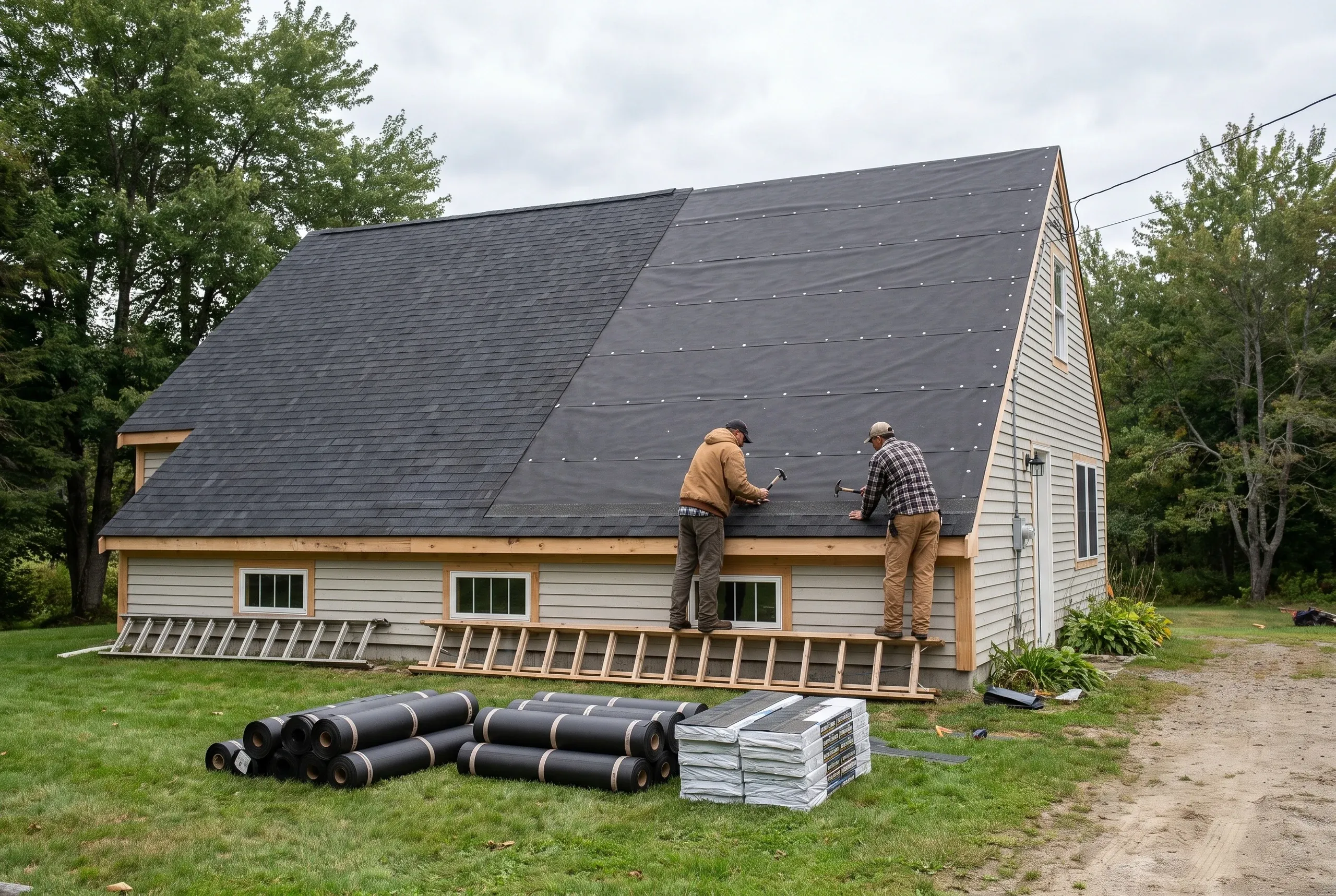 Roofing contractor Warren Maine: two workers on scaffold boards hammering arch shingles over fresh underlayment on a steep cape roof