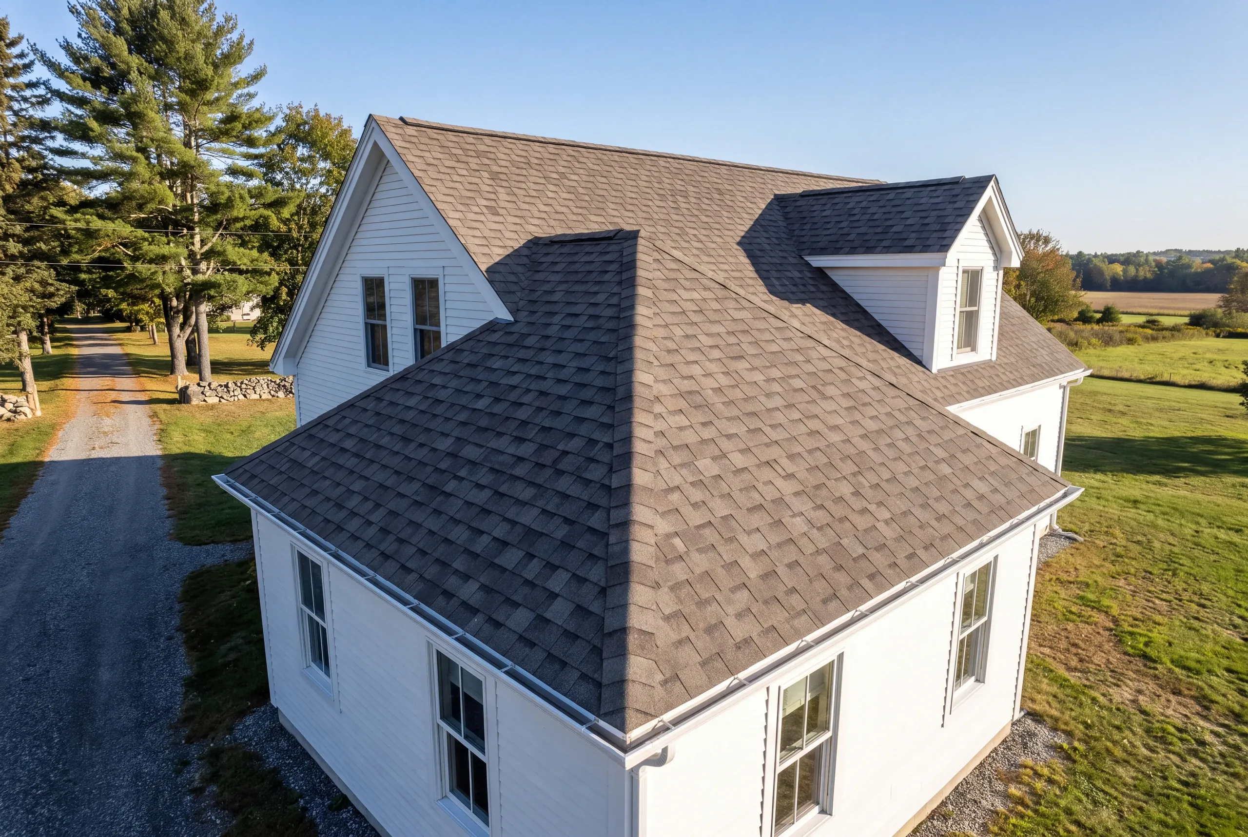 Residential roofing contractor Warren Maine: white farmhouse with a hip-roof front, gable dormer and gray-brown arch shingles beside fields