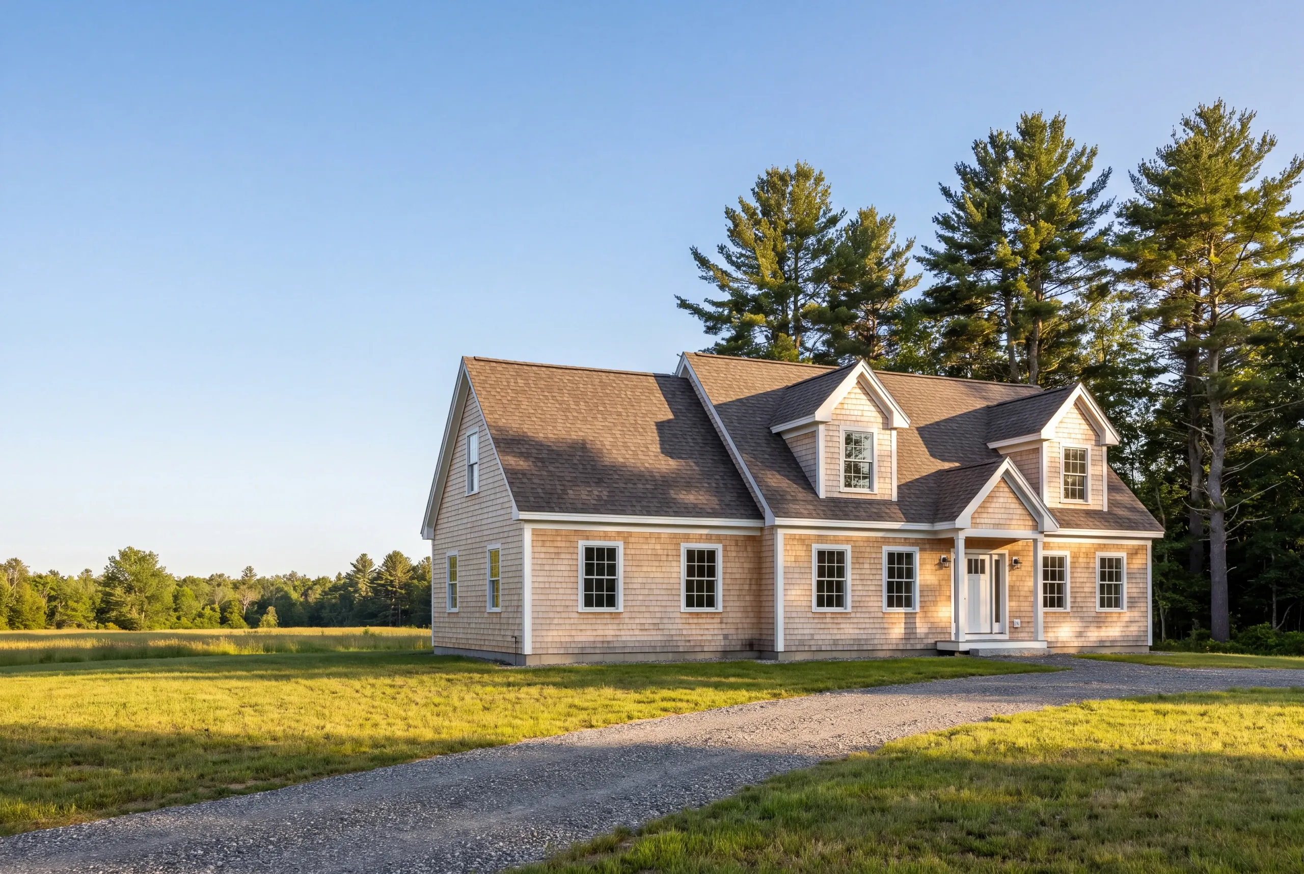 Roof replacement contractor Warren Maine: cedar shingle-sided cape with two gable dormers, brown arch shingles and a gravel drive by a meadow