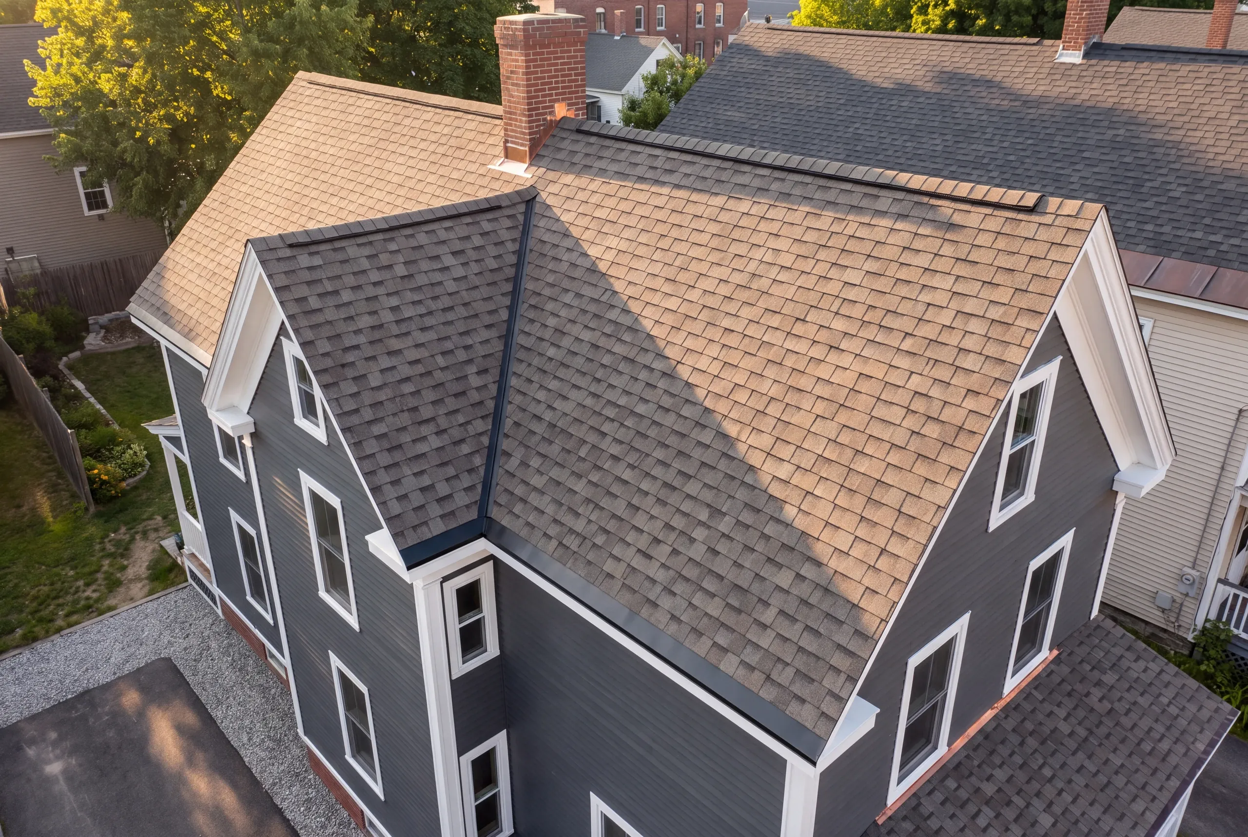Residential roofing contractor Waterville Maine: charcoal lap-sided house with tan architectural shingles and black metal valley flashing