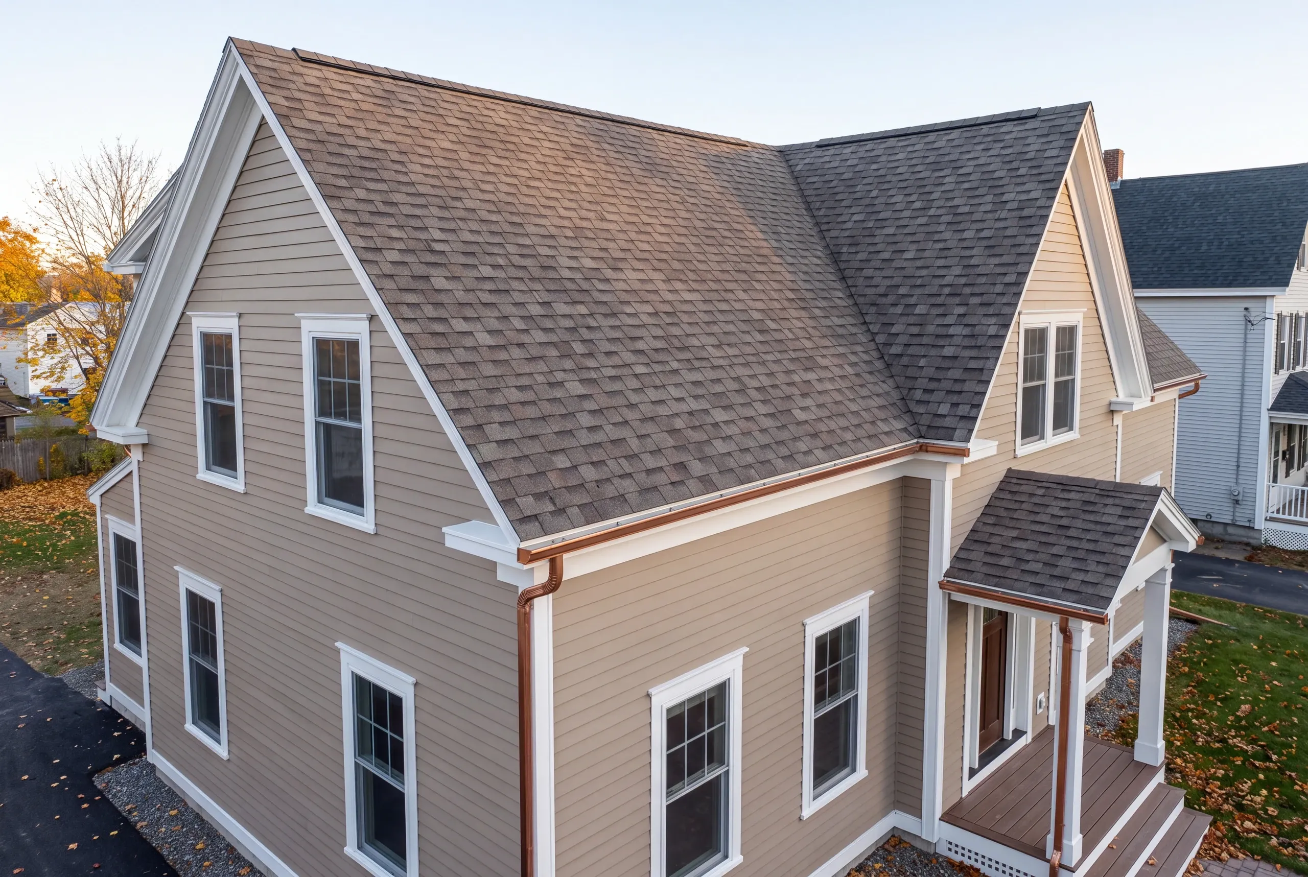 Roof replacement contractor Waterville Maine: tan lap-sided two-story house with architectural shingles, copper gutters and an entry porch