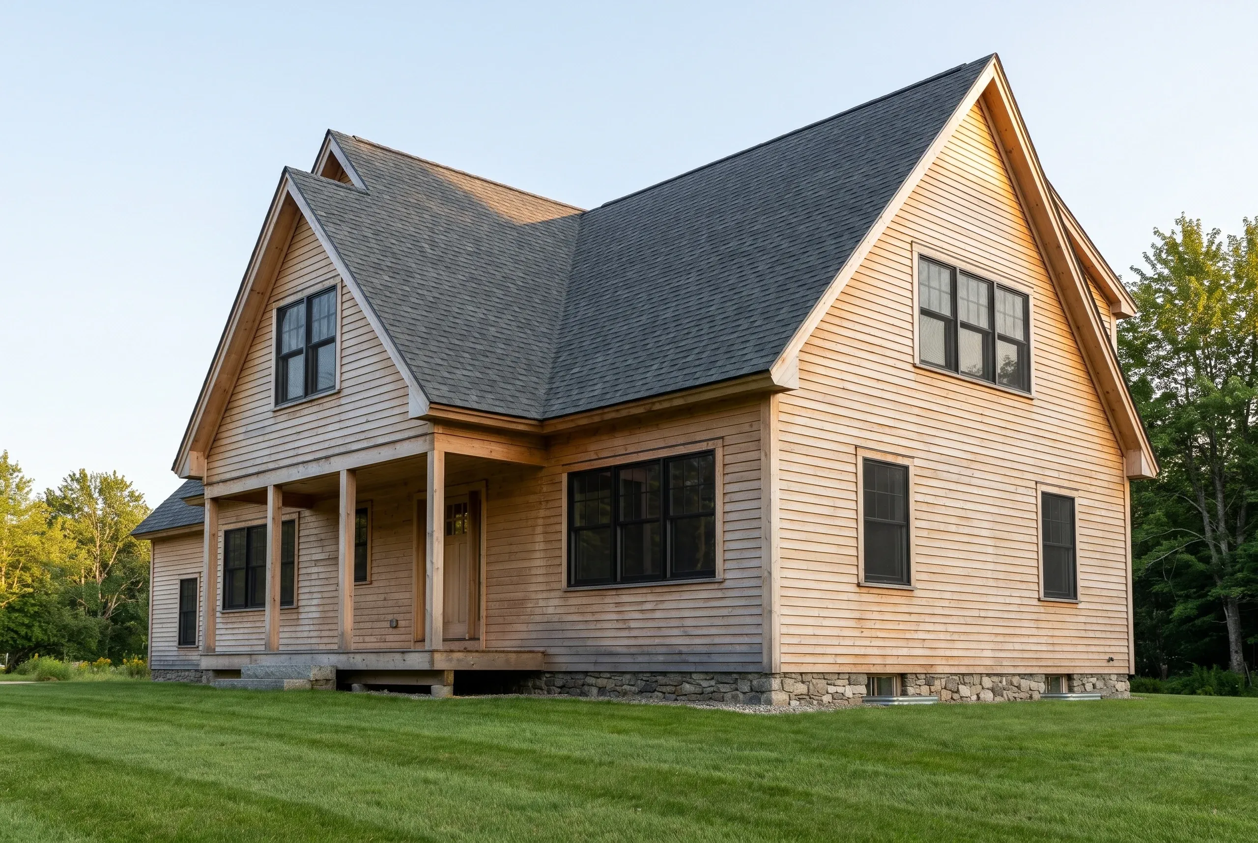 Finished cedar-sided cape with a dark arch shingle roof and stone foundation on a mown lawn in Waterville, Maine