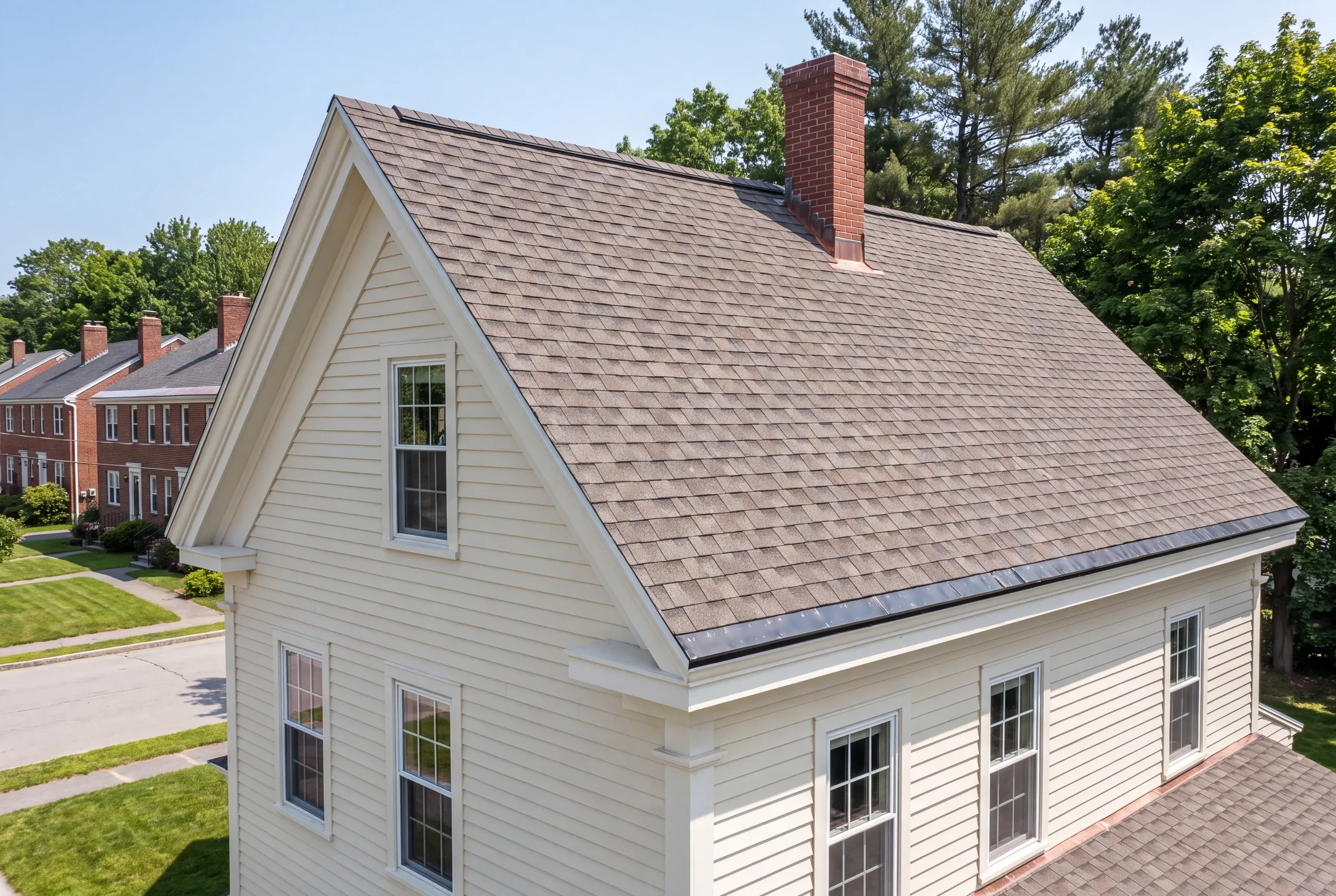 Residential roofing contractor Waterville Maine: cream lap-sided house with gray-brown arch shingles, black eave band and brick chimney