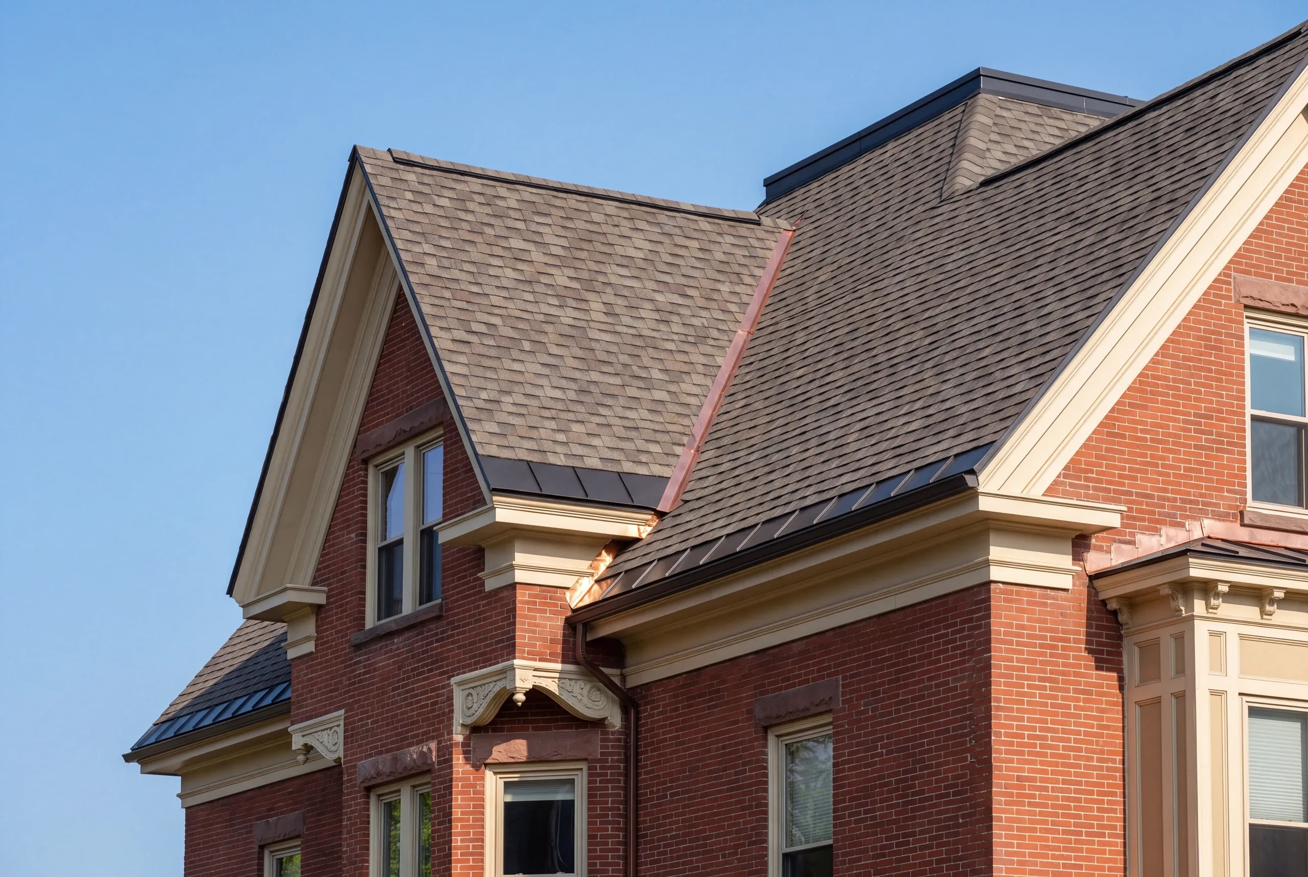 Roof replacement contractor Waterville Maine: red brick Victorian with brown arch shingles, copper valley flashing and a bracketed cream cornice