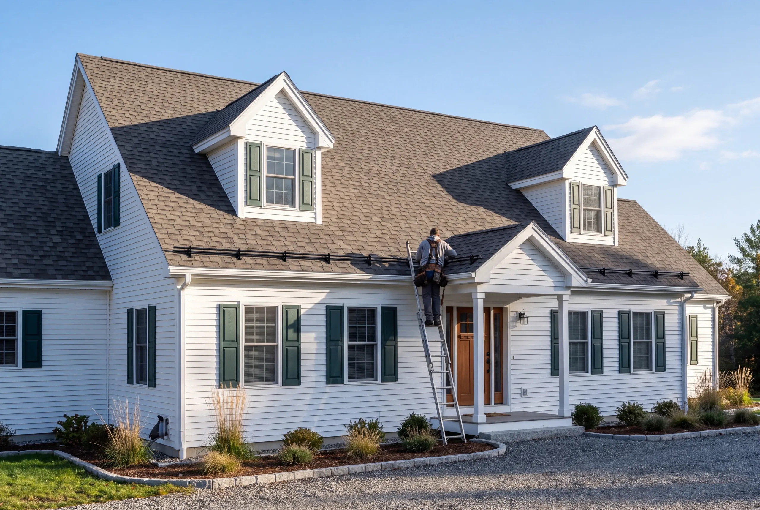 Roofing contractor in Windsor, ME fitting snow retention above an entrance