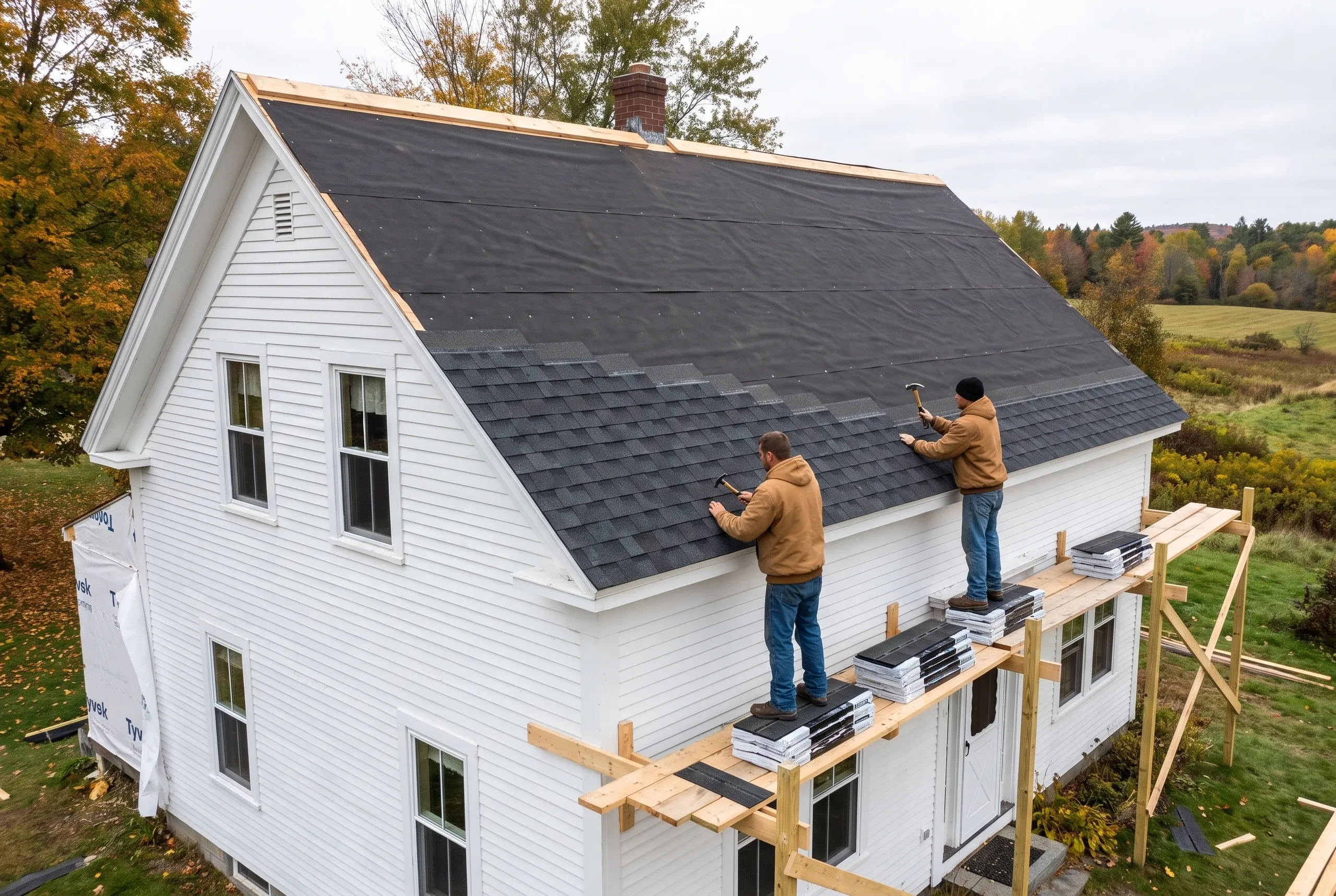 Roofing contractor Windsor Maine: two workers on scaffold shingling a white cape over underlayment with shingle bundles stacked at the eave