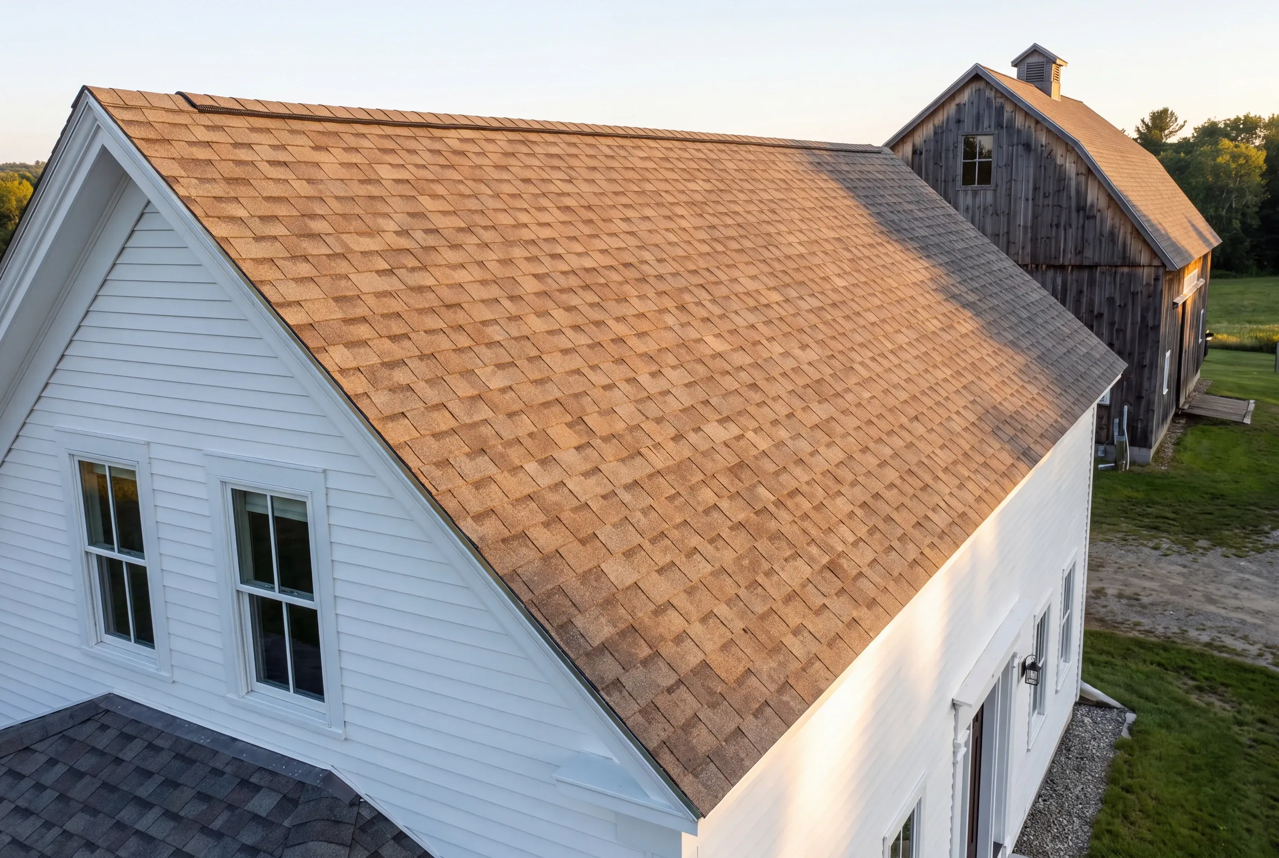 Residential roofing contractor Windsor Maine: white lap-sided house with golden-brown arch shingles and a weathered board barn with cupola behind