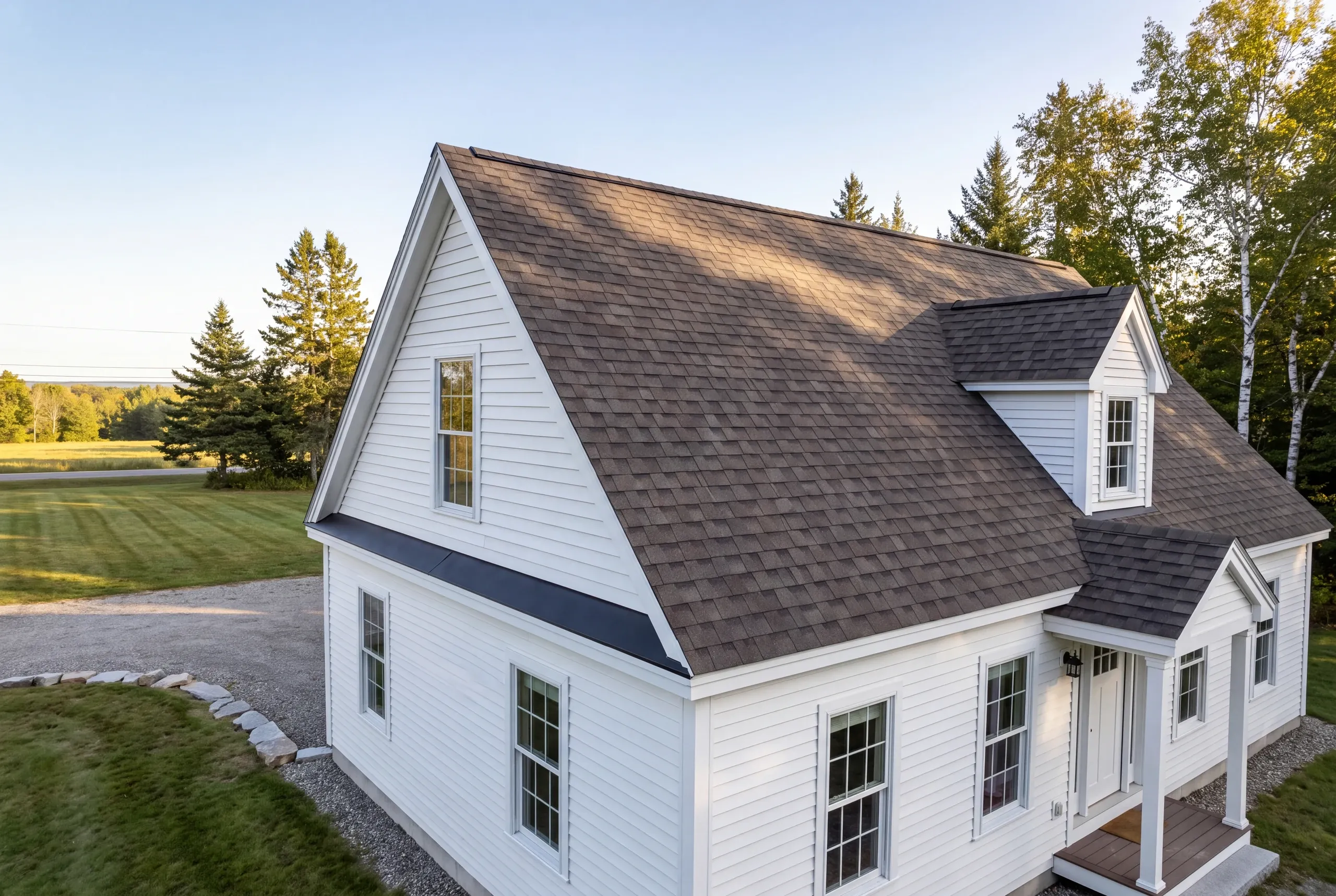 Roof replacement contractor Windsor Maine: white cape with brown-gray arch shingles, front gable dormer and a small entry portico by a field