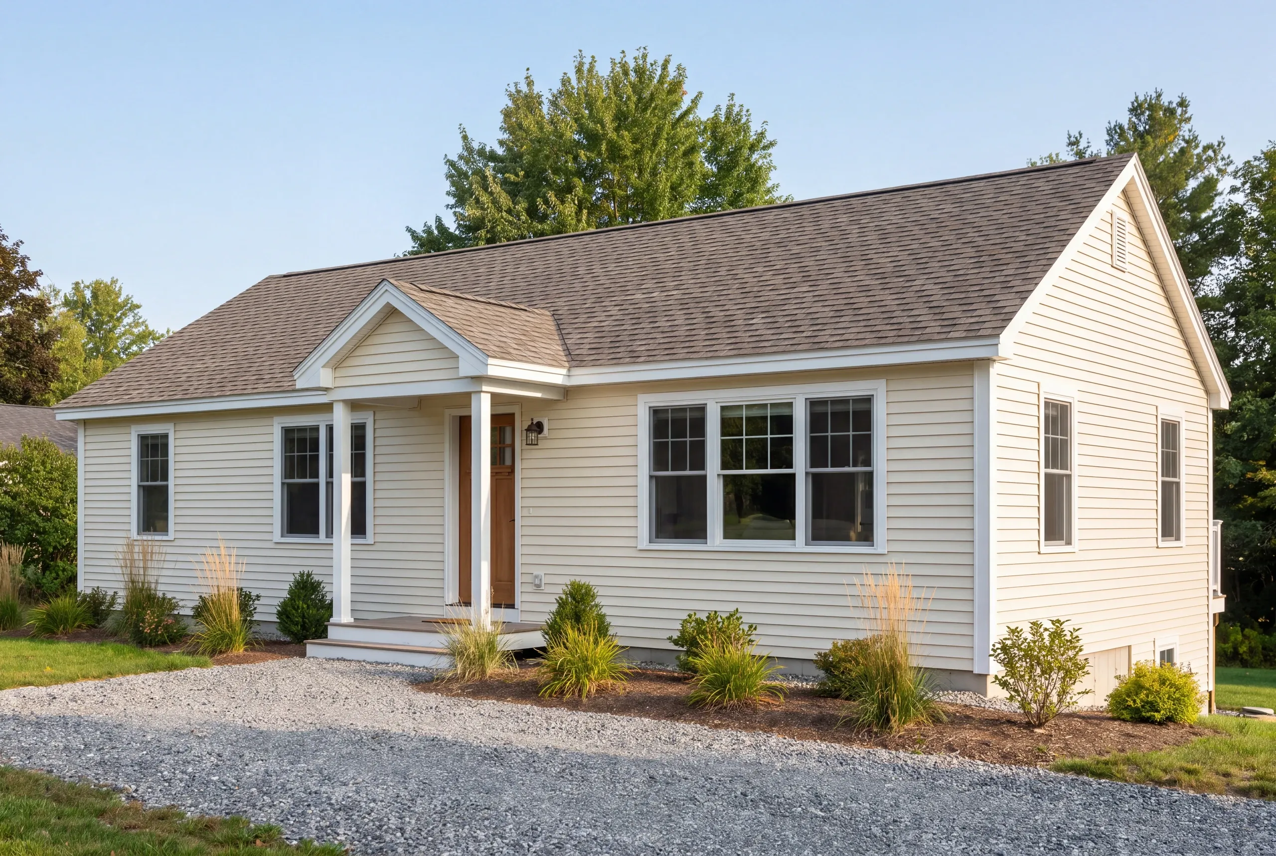 Roofing contractor in Winslow, ME: one-story ranch with cream lap siding, architectural shingles and a columned entry portico