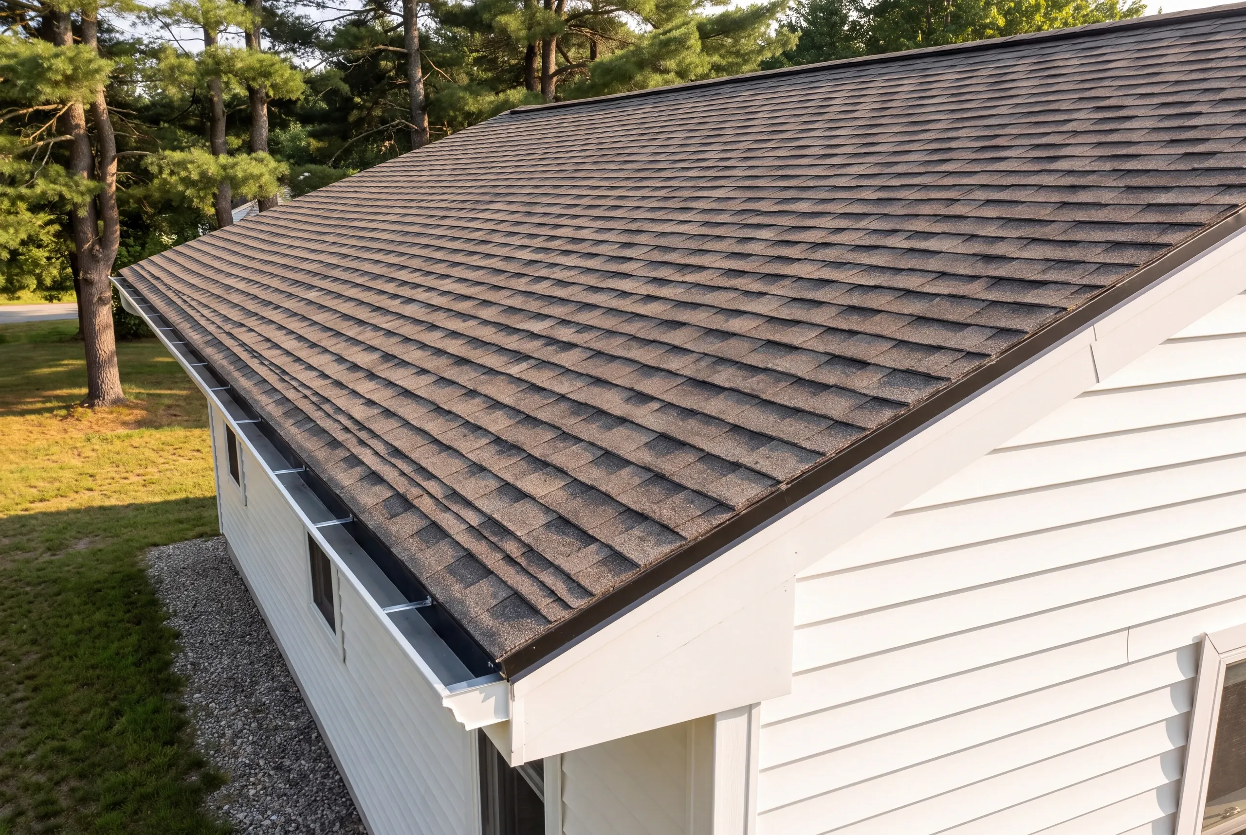 Residential roofing contractor Winslow Maine: close aerial of an arch shingle slope with dark drip edge and white gutter over cream siding