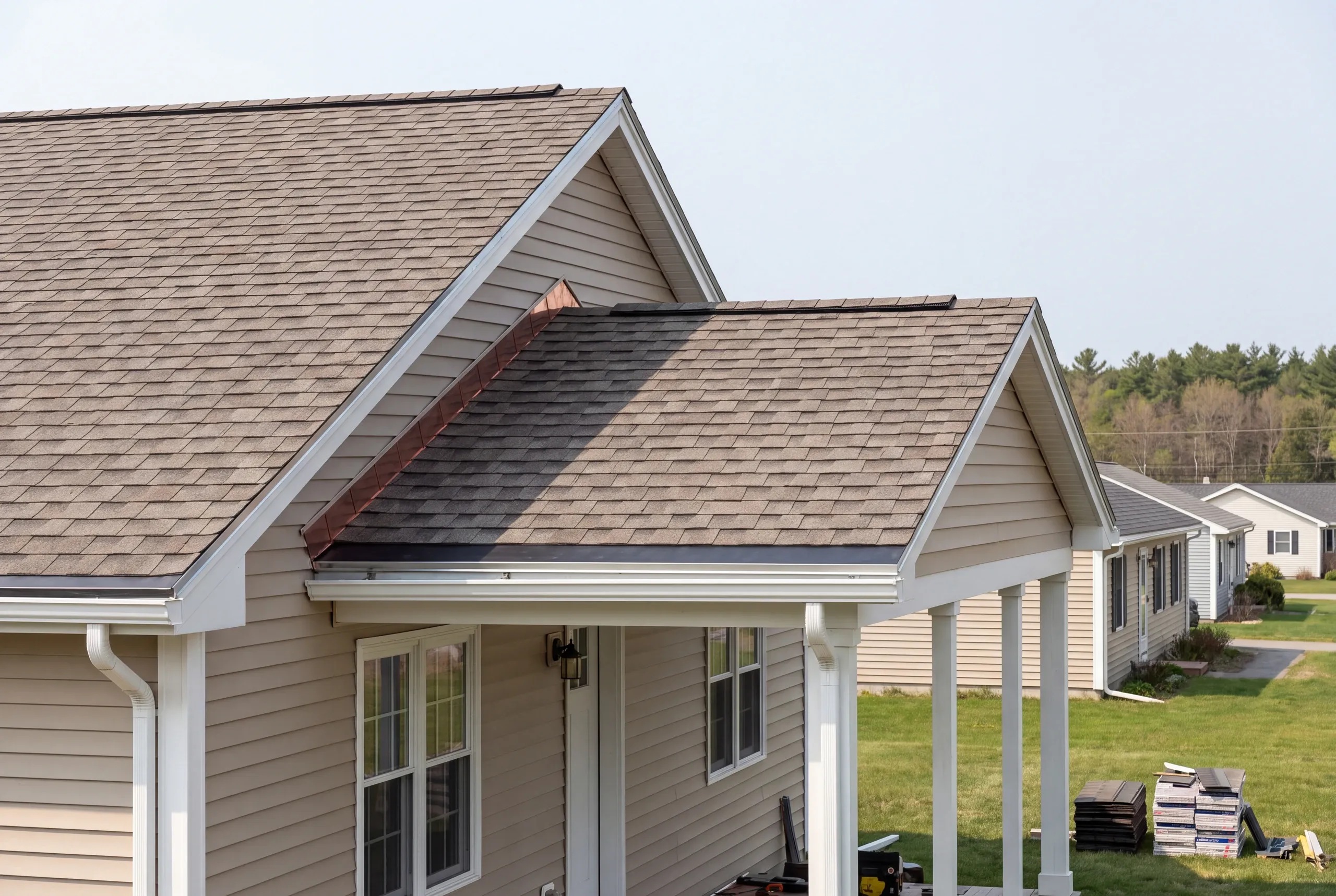 Roofing contractor Winslow Maine: porch gable roof tied into the main roof with copper flashing, shingle bundles on the lawn