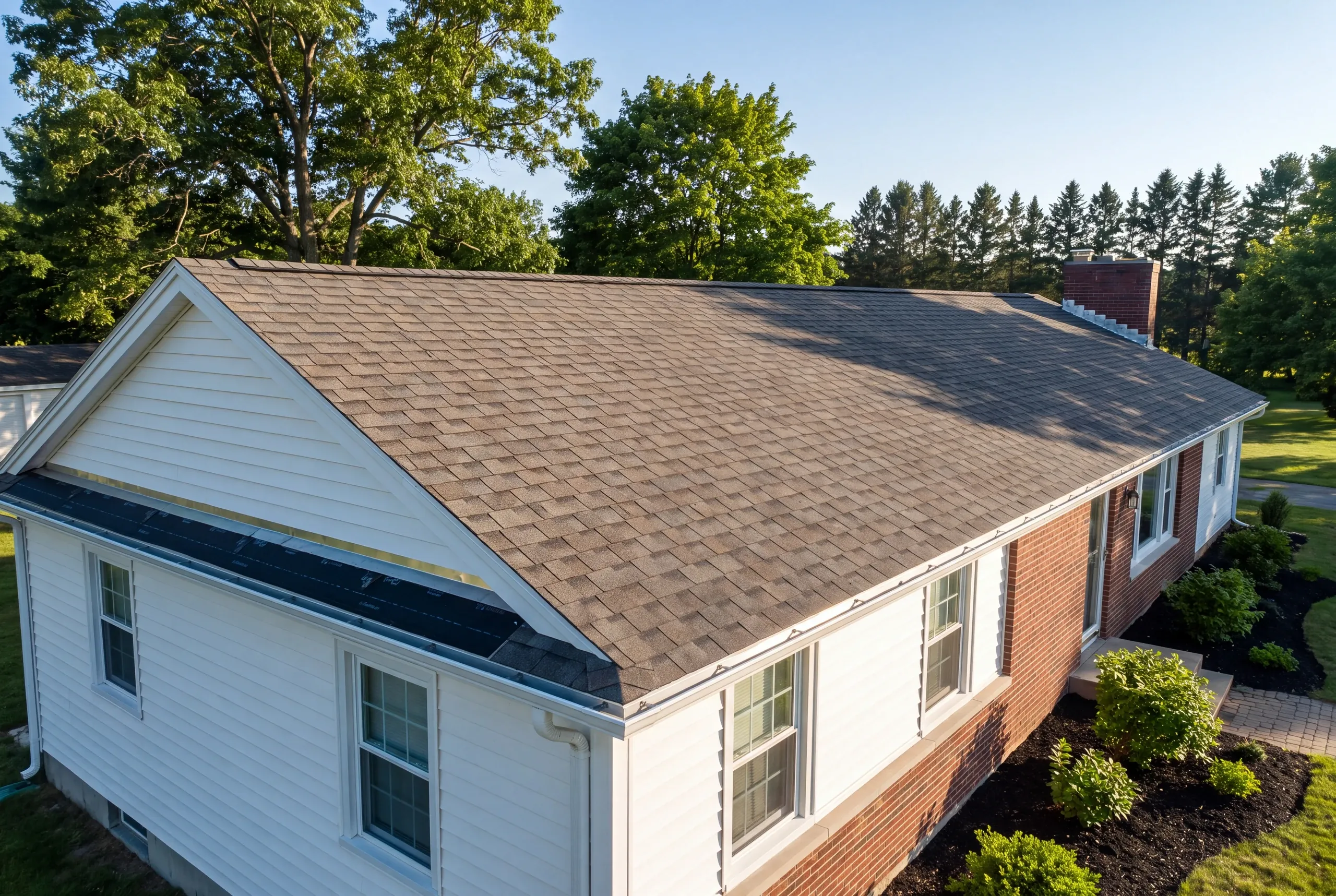 Residential roofing contractor Winslow Maine: brick and white lap-sided ranch with arch shingles and one lower eave section still in underlayment