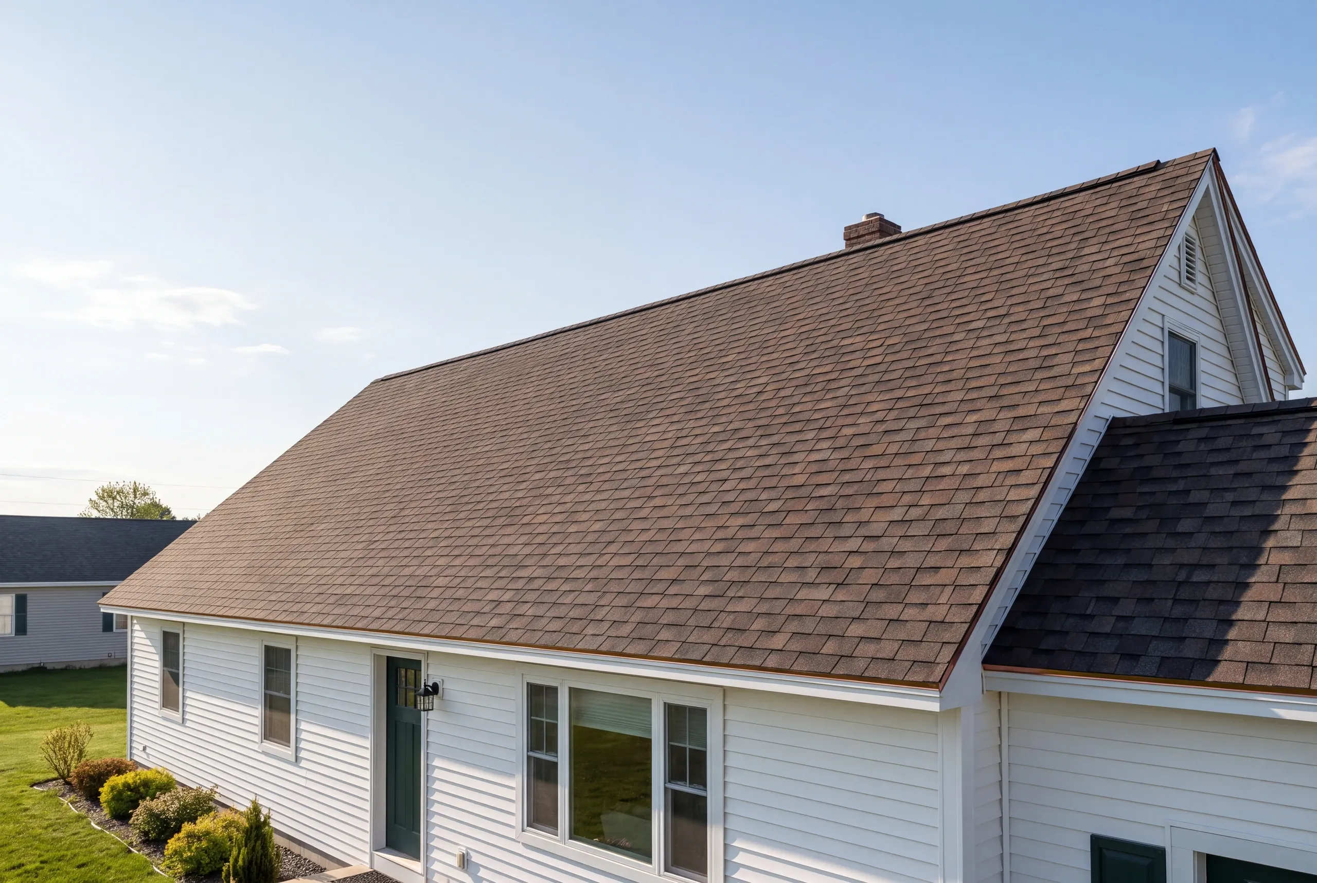Roof replacement contractor Winslow Maine: white lap-sided house with a long brown arch shingle roof, small brick chimney and green door