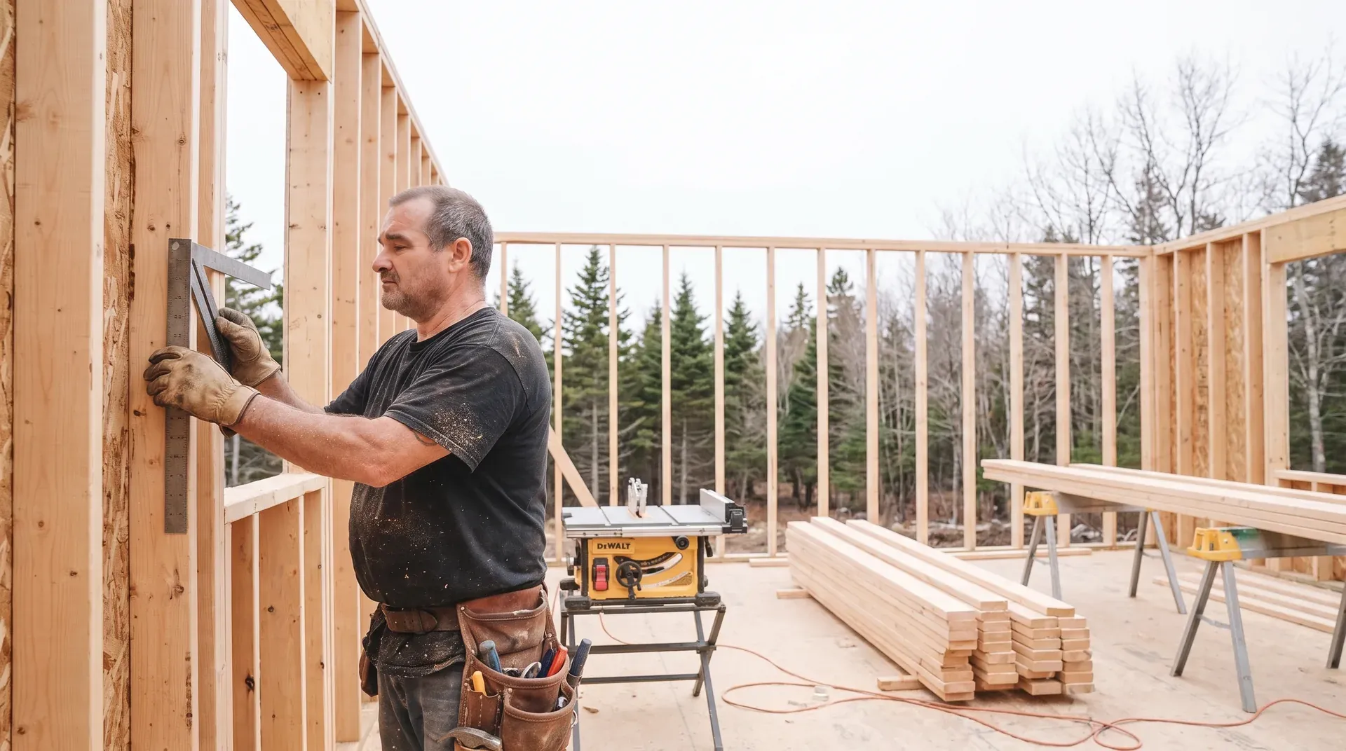 Kenneth Cox, owner of Kenneth Cox Construction, framing a house on a MidCoast Maine job site