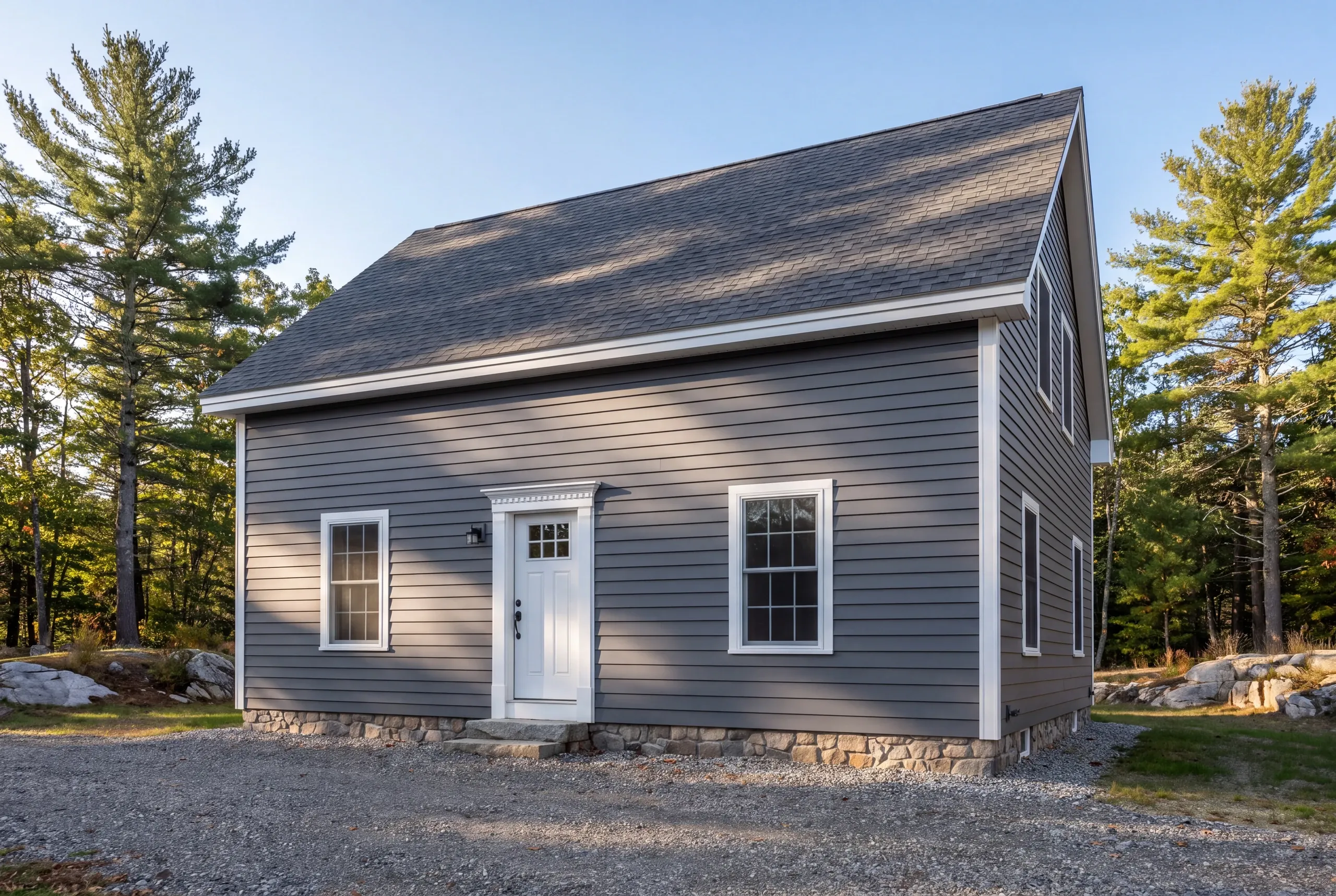 Siding contractor in Augusta, ME: small gray lap-sided house with white trim, stone veneer skirt and architectural shingle roof among pines