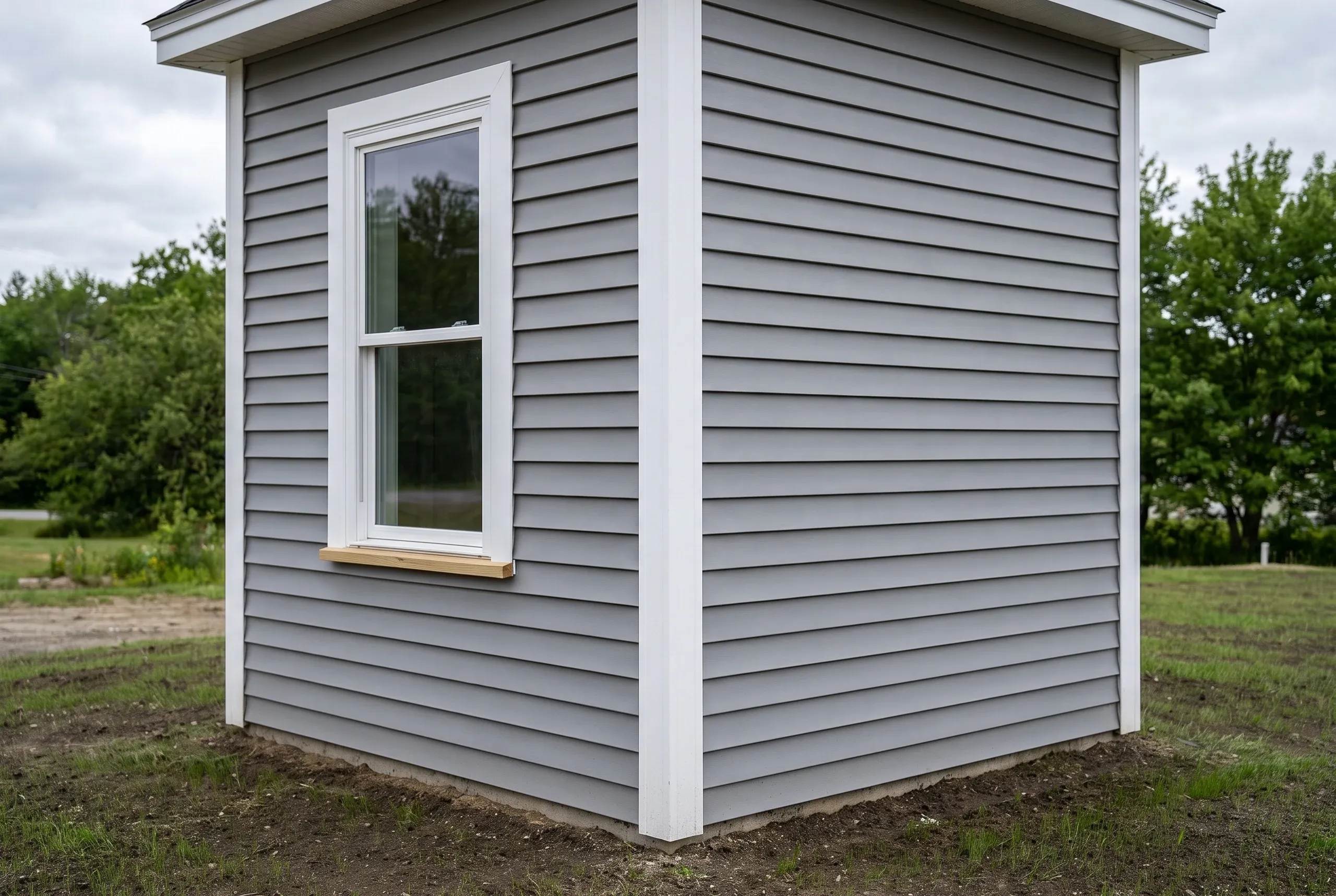 Siding installer Augusta Maine: corner of smooth gray lap siding with a white corner board and a white-trimmed double-hung window