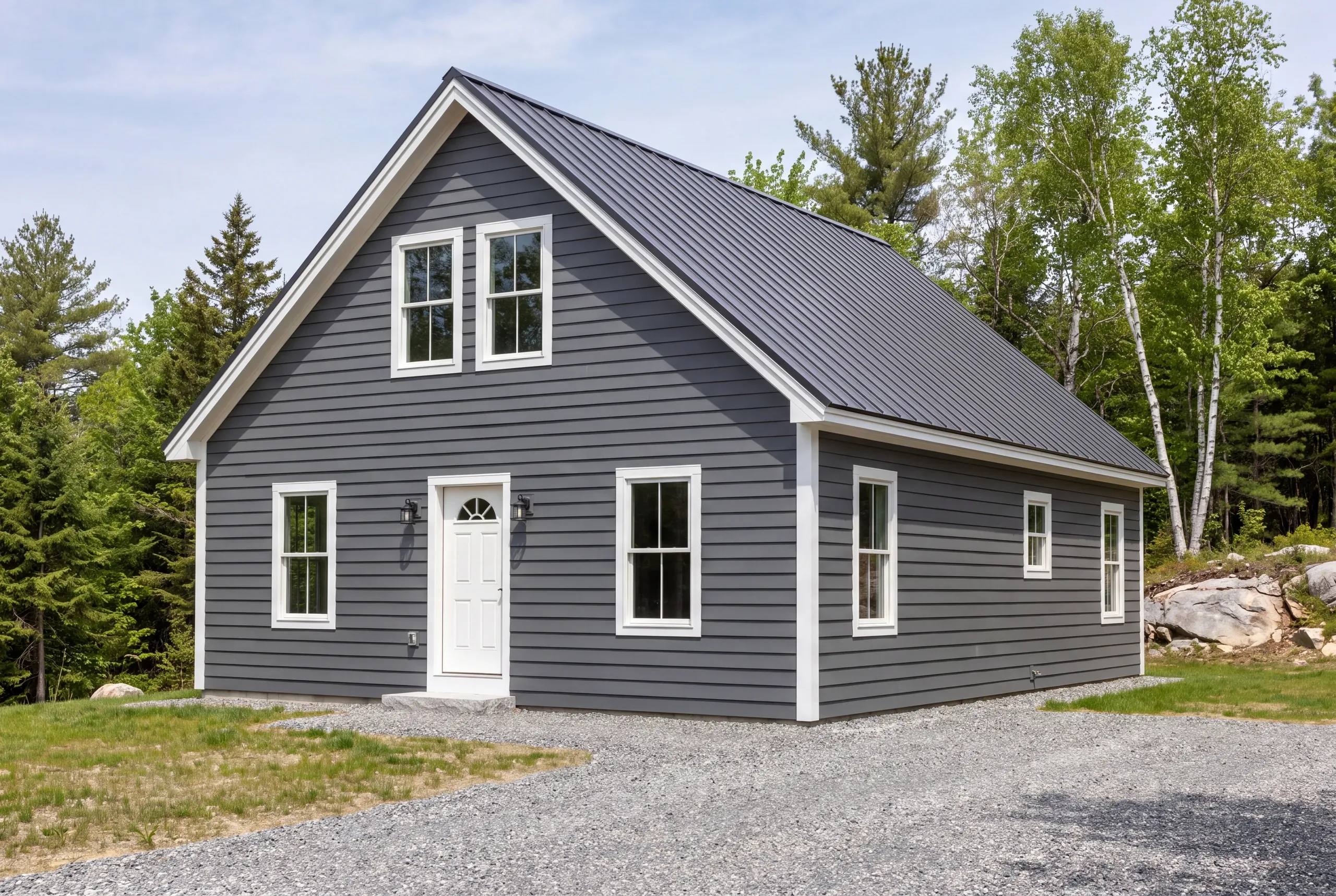 Exterior siding contractor Augusta Maine: dark gray lap-sided cape with a standing seam metal roof, white door and twin lanterns