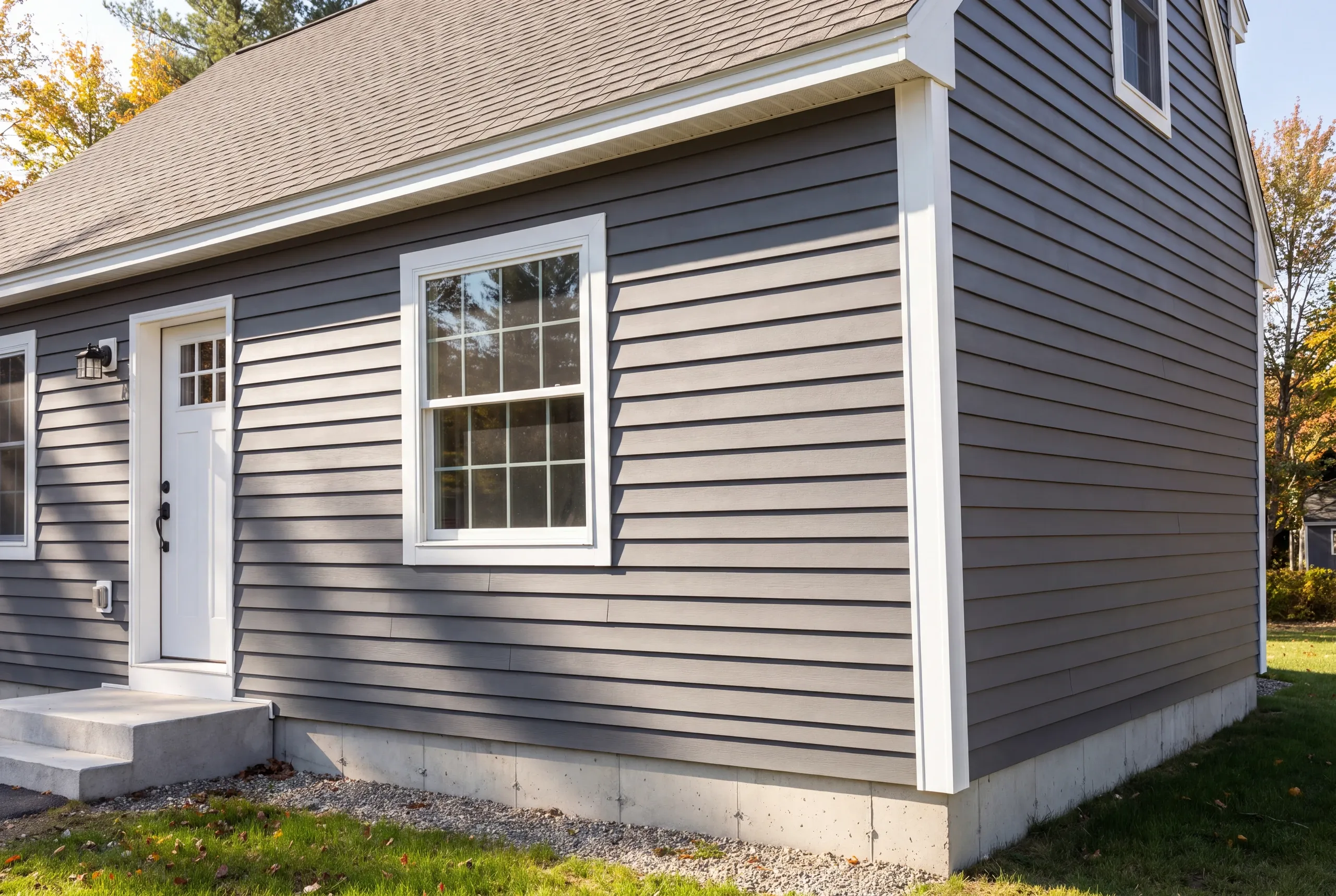 Siding contractor Augusta Maine: gray lap-sided cape corner with a white corner board above a tall exposed concrete foundation