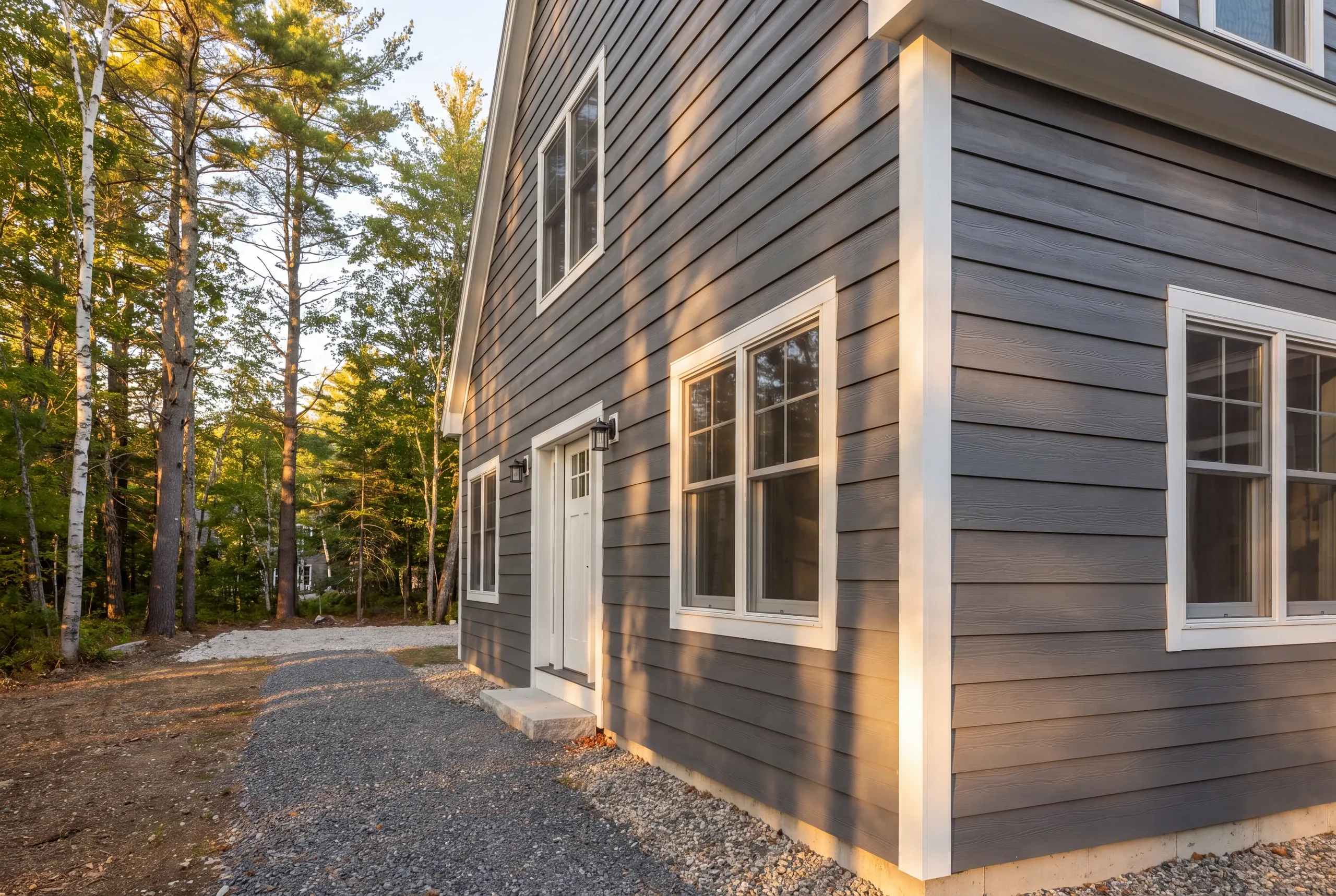 Siding installer Augusta Maine: gray wood-grain lap siding with white corner boards, white door and a gravel path in tall pines