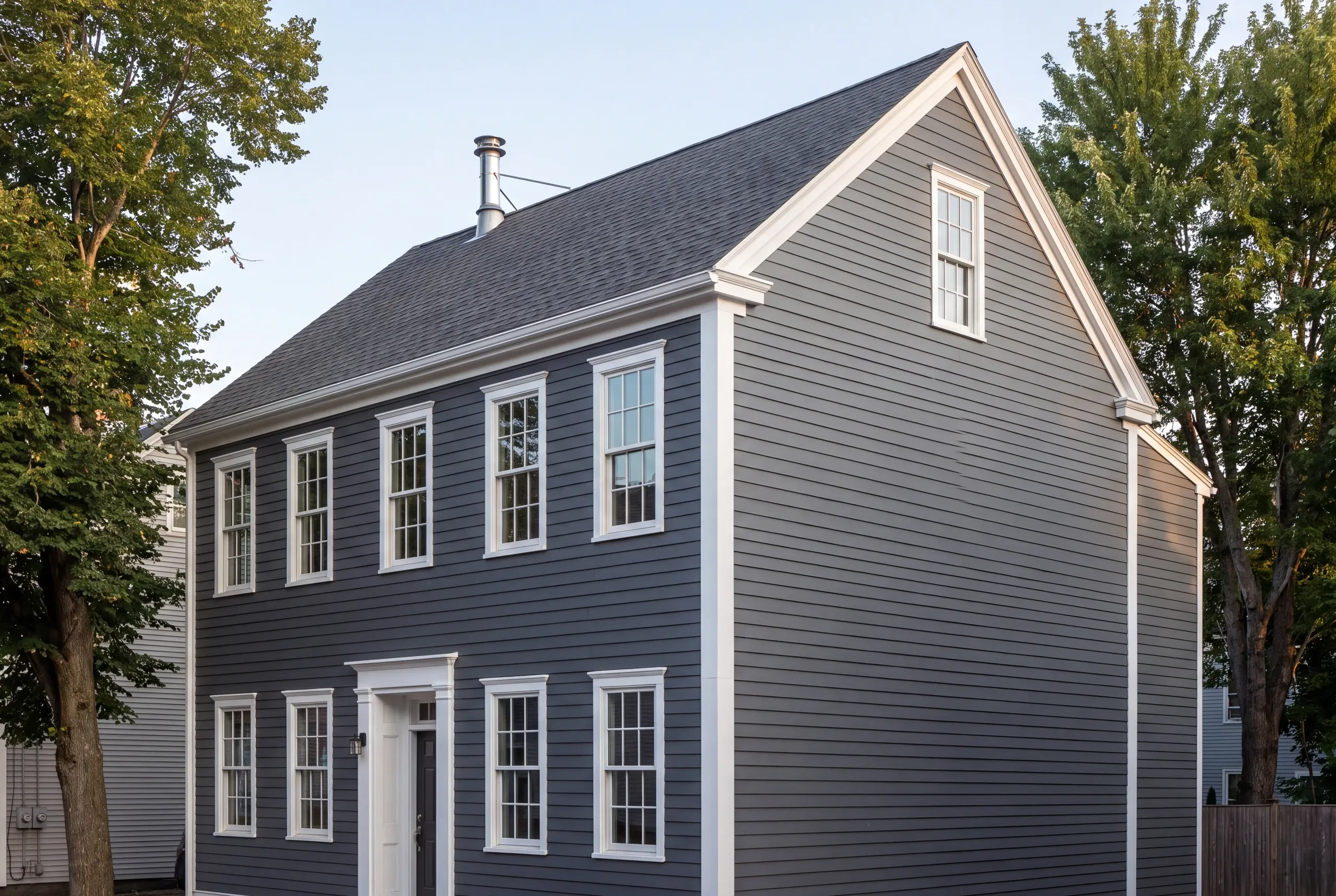 Siding contractor in Bath, ME: tall narrow Federal-style house in blue-gray clapboard with white door surround and 6-over-6 windows