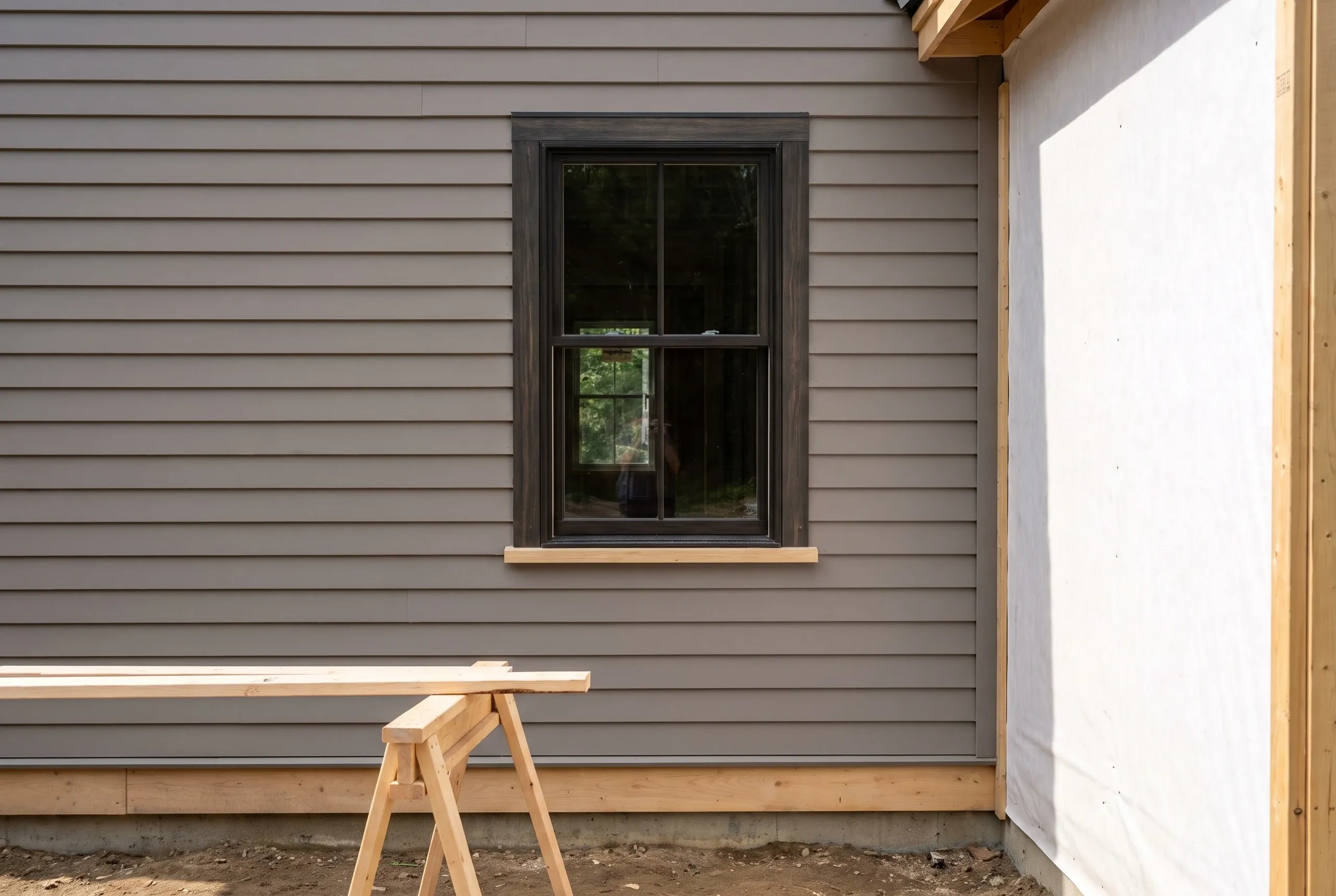 Siding installer Bath Maine: taupe-gray lap siding around a dark-trimmed window beside a house-wrapped new addition wall