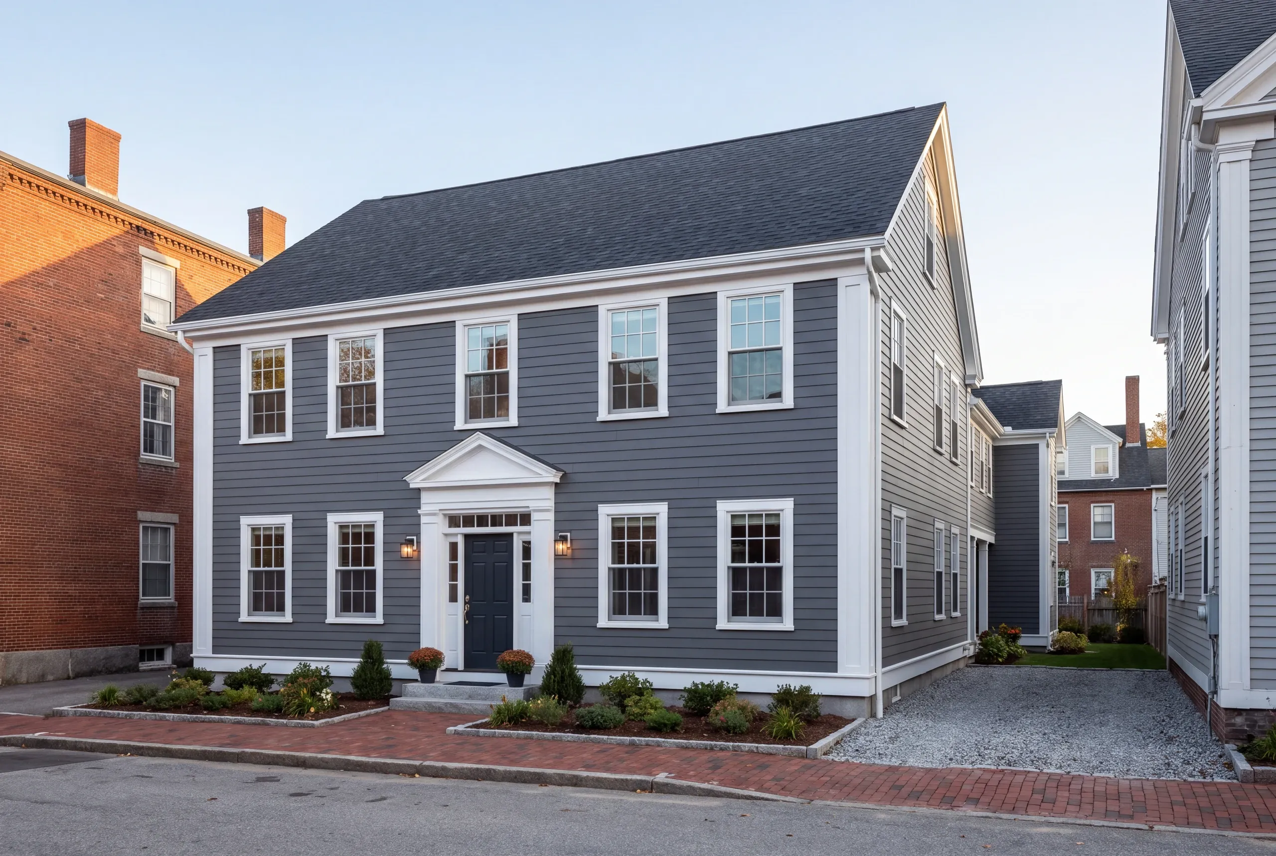 Exterior siding contractor Bath Maine: two-story colonial in slate blue clapboard with a pedimented door surround and brick sidewalk