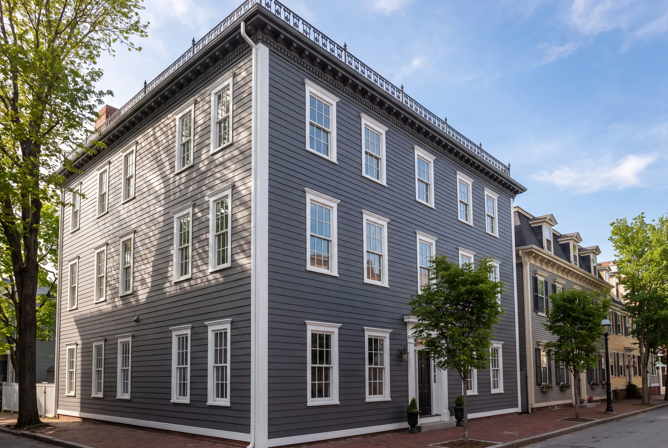 Siding contractor Bath Maine: three-story Federal house in dark gray clapboard with white corner boards and bracketed cornice