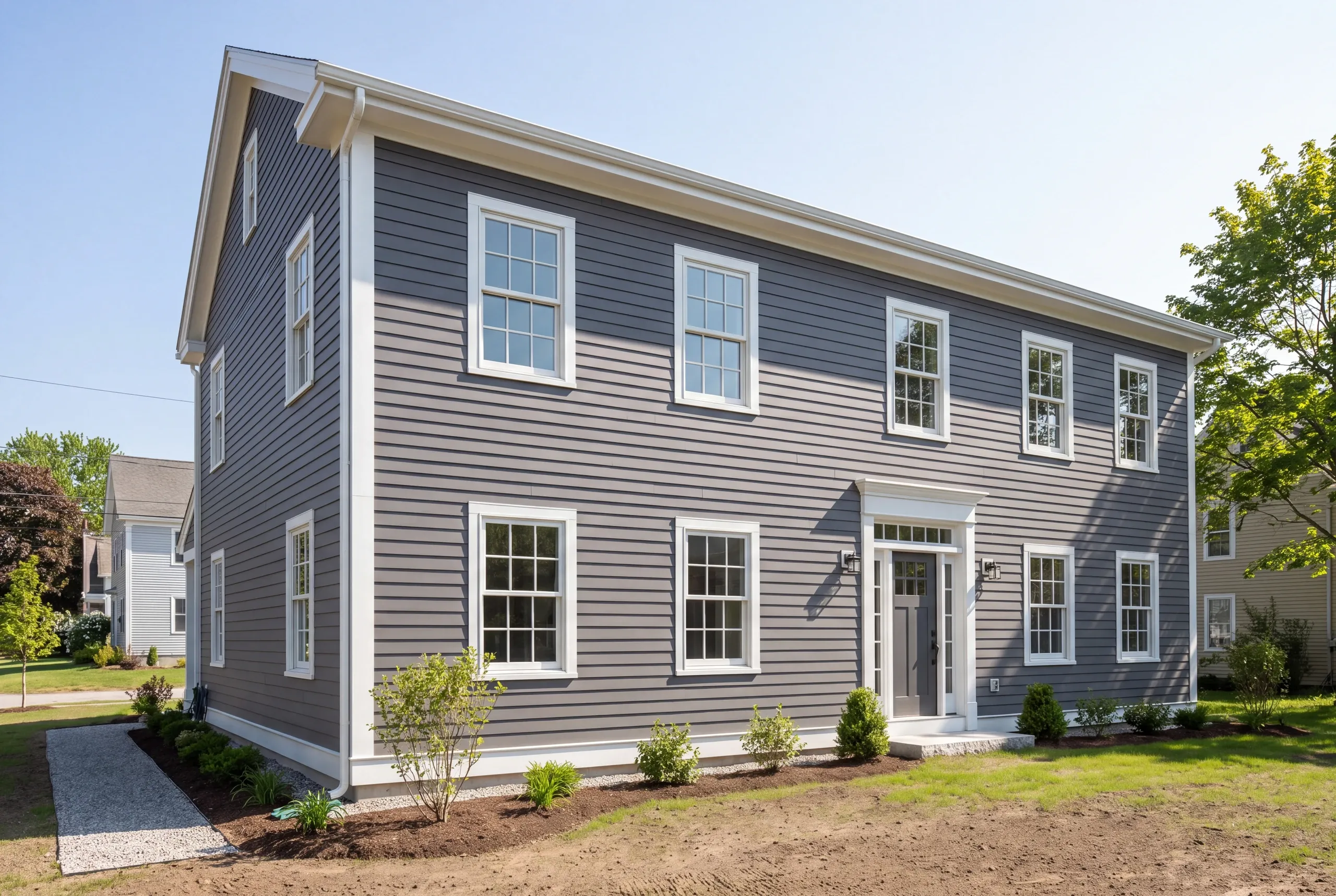 Siding installer Bath Maine: new two-story colonial in gray lap siding with white trim, door pediment and fresh plantings
